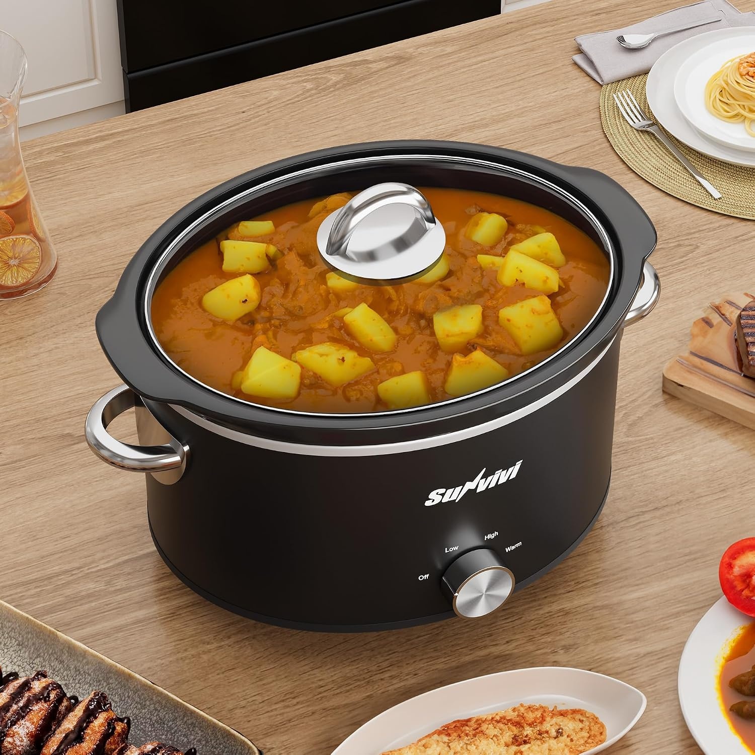 image:imageSunvivi 4QT Programmable Slow Cooker with Locking Lid Removable Ceramic Pot 3 Heating Settings amp Timer DishwasherSafe Stainless SteelBlack