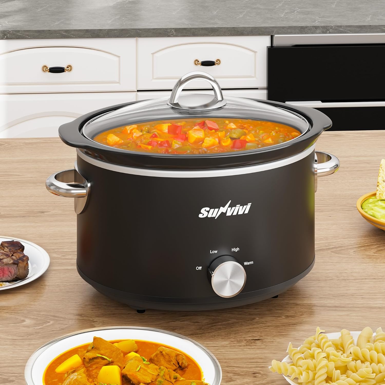 image:imageSunvivi 4QT Programmable Slow Cooker with Locking Lid Removable Ceramic Pot 3 Heating Settings amp Timer DishwasherSafe Stainless SteelBlack