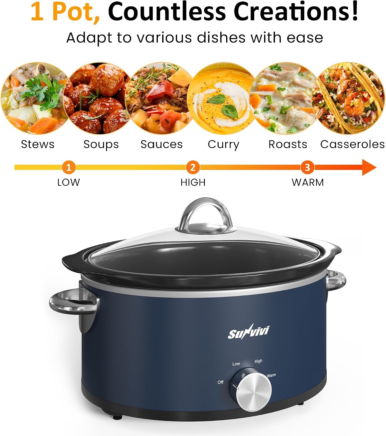 image:imageSunvivi 4QT Programmable Slow Cooker with Locking Lid Removable Ceramic Pot 3 Heating Settings amp Timer DishwasherSafe Stainless SteelBlue