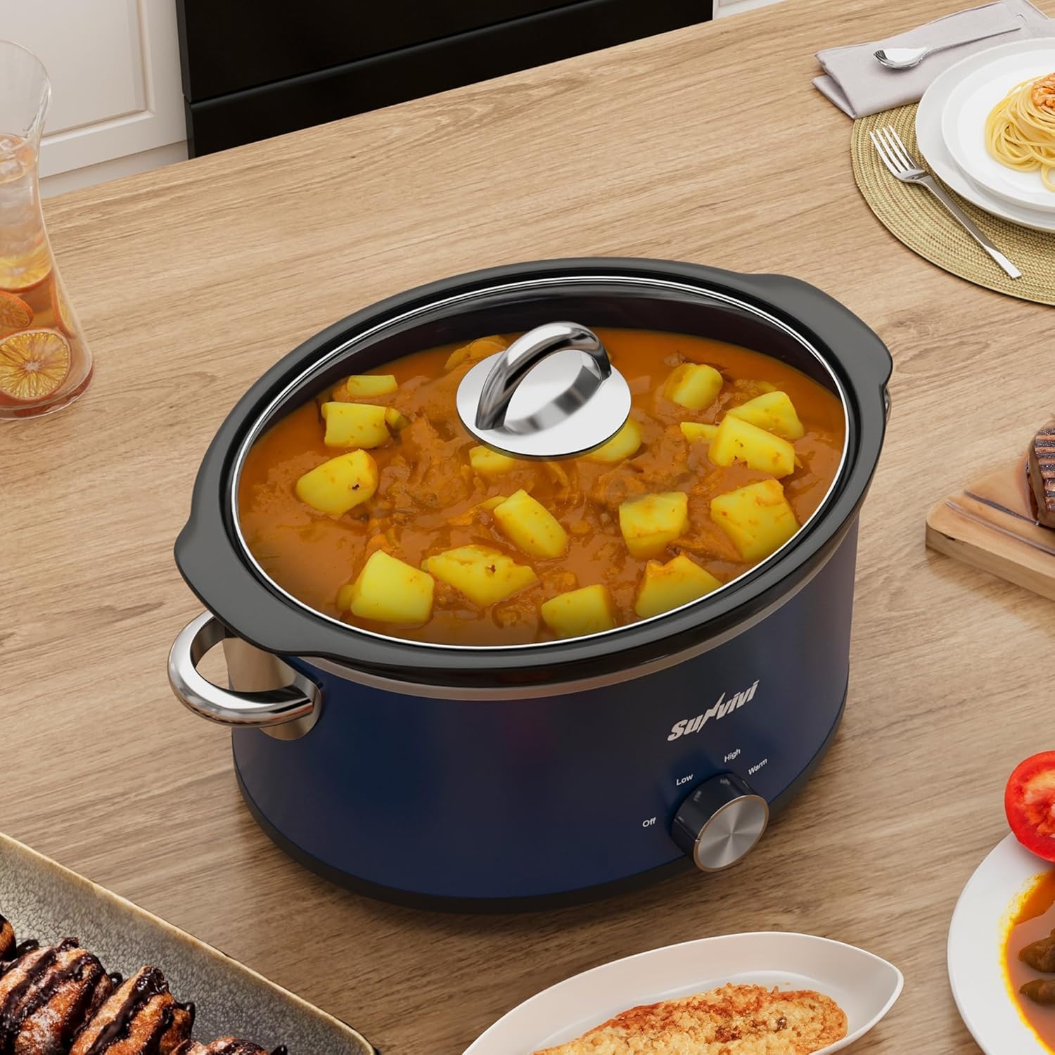 image:imageSunvivi 4QT Programmable Slow Cooker with Locking Lid Removable Ceramic Pot 3 Heating Settings amp Timer DishwasherSafe Stainless SteelBlue