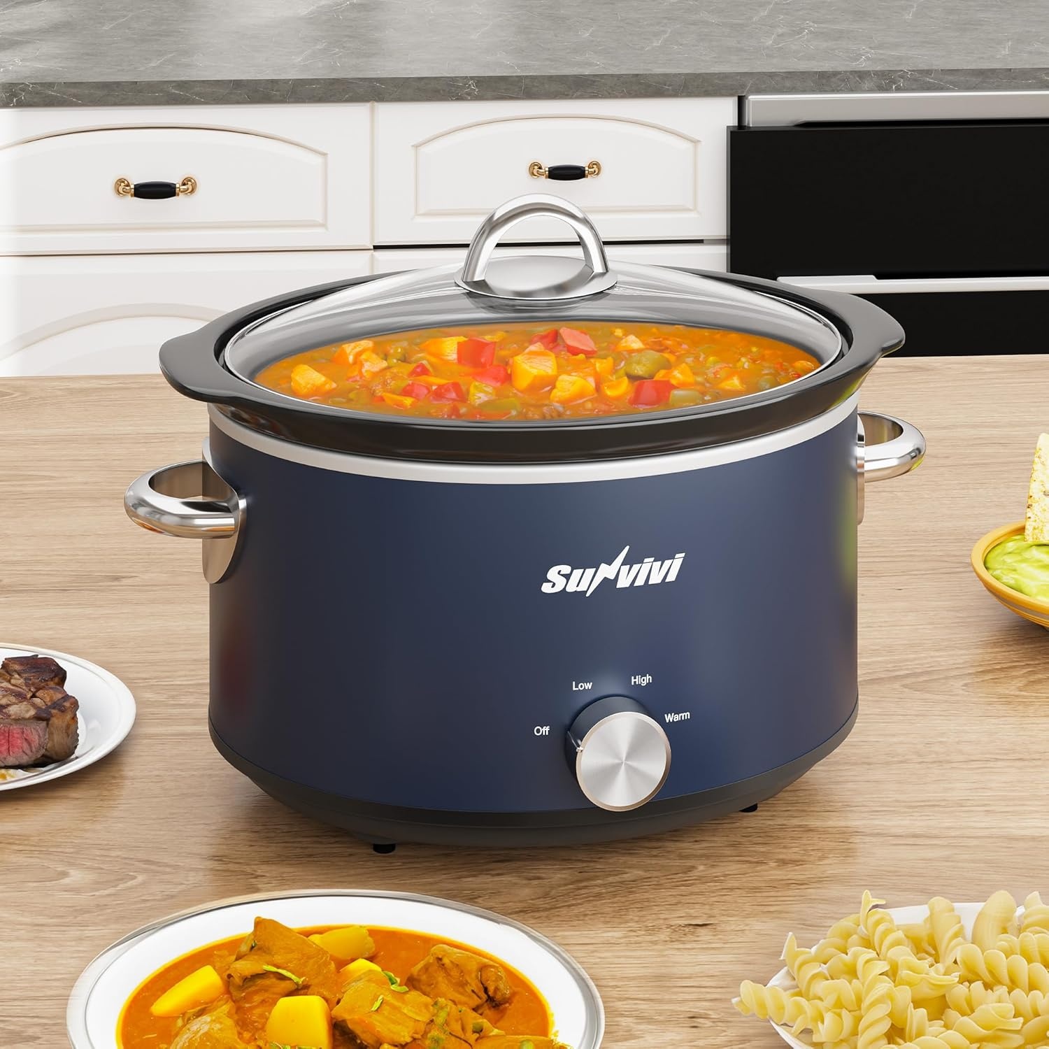image:imageSunvivi 4QT Programmable Slow Cooker with Locking Lid Removable Ceramic Pot 3 Heating Settings amp Timer DishwasherSafe Stainless SteelBlue