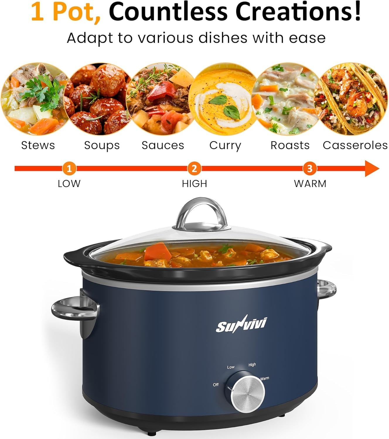 image:imageSunvivi 4QT Programmable Slow Cooker with Locking Lid Removable Ceramic Pot 3 Heating Settings amp Timer DishwasherSafe Stainless SteelBlue