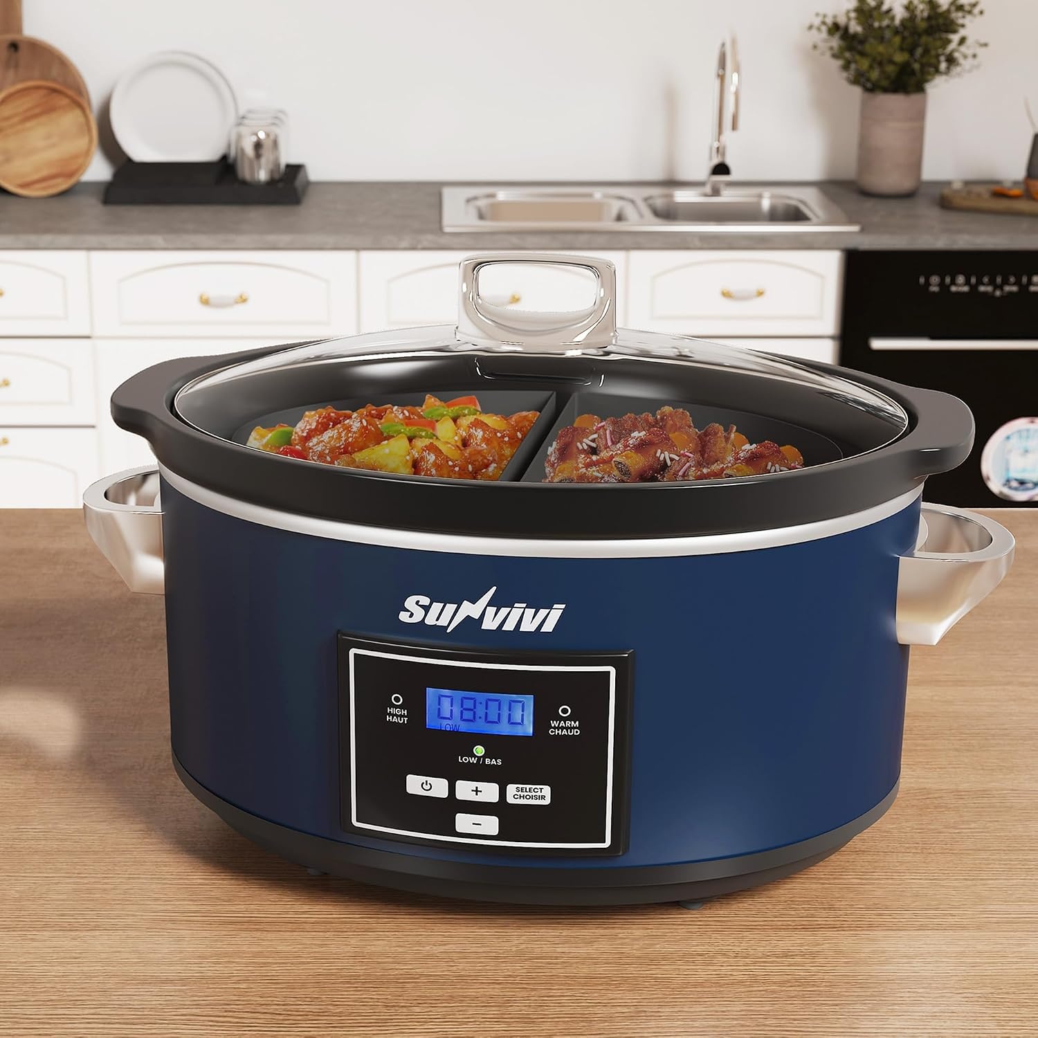 image:imageSunvivi 4QT Programmable Slow Cooker with Locking Lid Removable Ceramic Pot 3 Heating Settings amp Timer DishwasherSafe Stainless SteelBlue