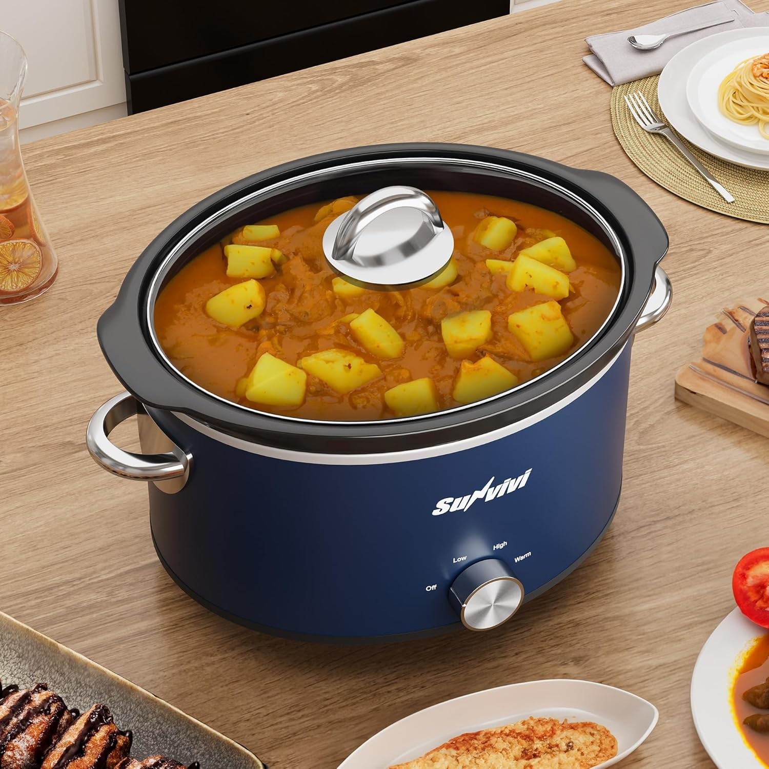 image:imageSunvivi 4QT Programmable Slow Cooker with Locking Lid Removable Ceramic Pot 3 Heating Settings amp Timer DishwasherSafe Stainless SteelBlue