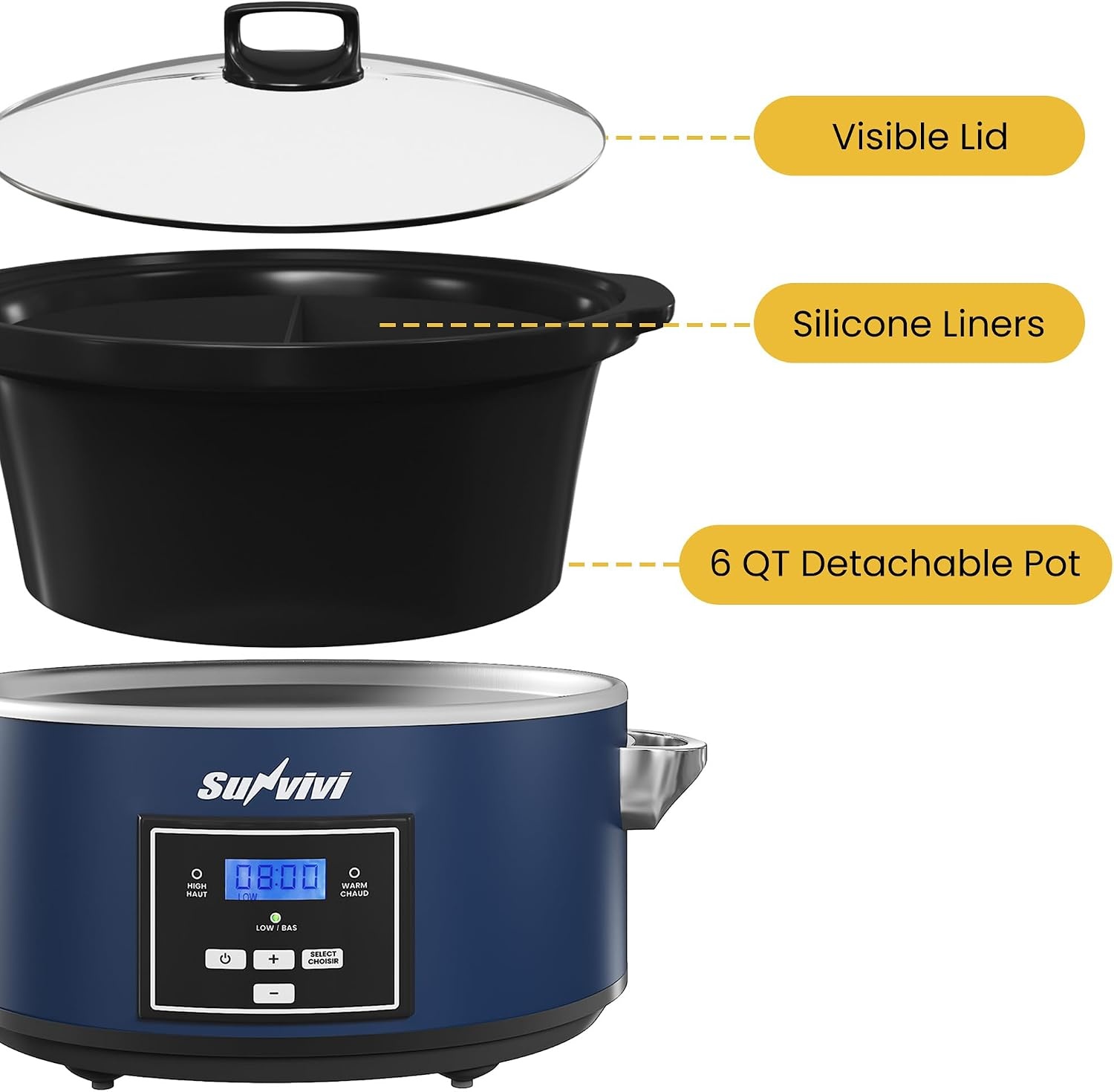 image:imageSunvivi 4QT Programmable Slow Cooker with Locking Lid Removable Ceramic Pot 3 Heating Settings amp Timer DishwasherSafe Stainless SteelBlue
