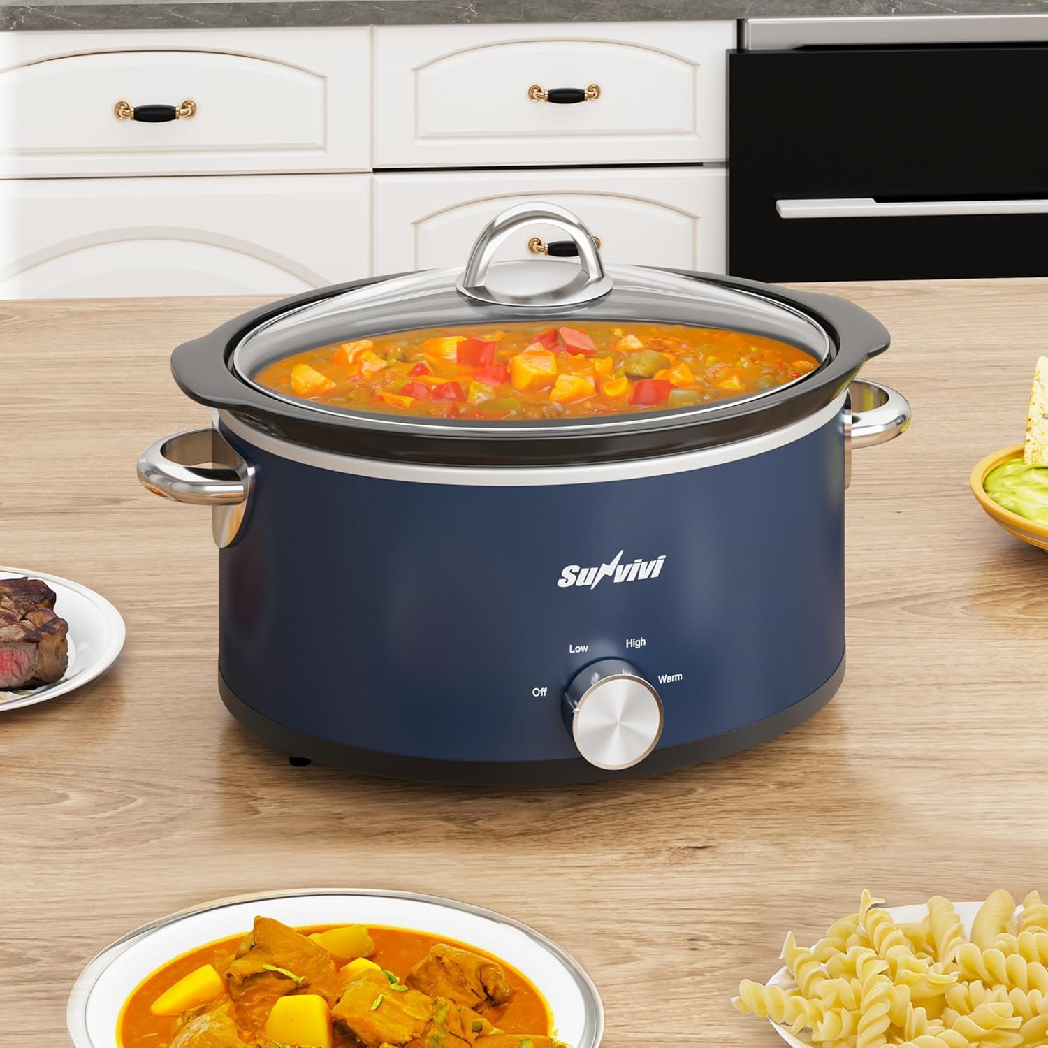 image:imageSunvivi 4QT Programmable Slow Cooker with Locking Lid Removable Ceramic Pot 3 Heating Settings amp Timer DishwasherSafe Stainless SteelBlue