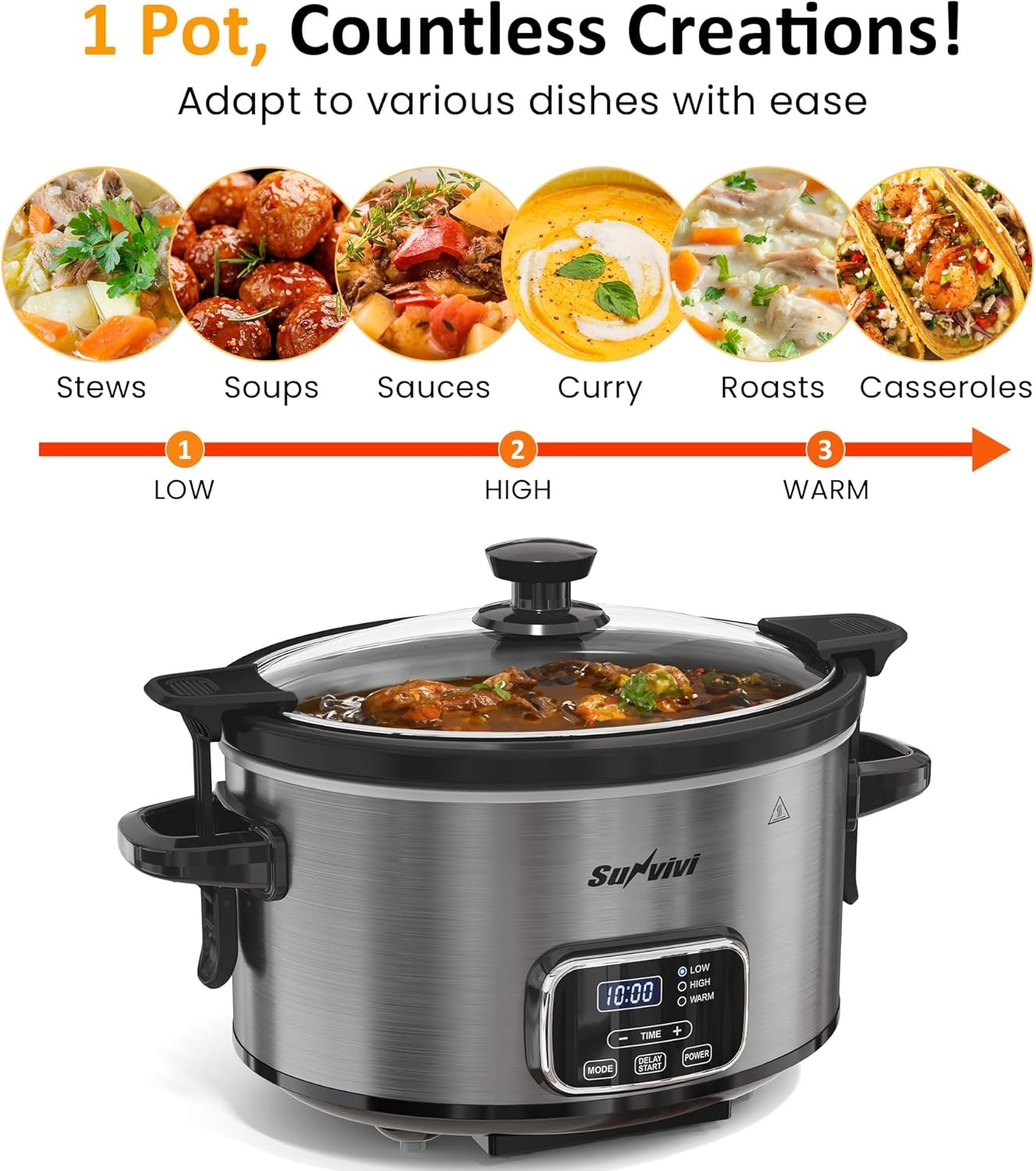 image:imageSunvivi 4QT Programmable Slow Cooker with Locking Lid Removable Ceramic Pot 3 Heating Settings amp Timer DishwasherSafe Stainless SteelGrey