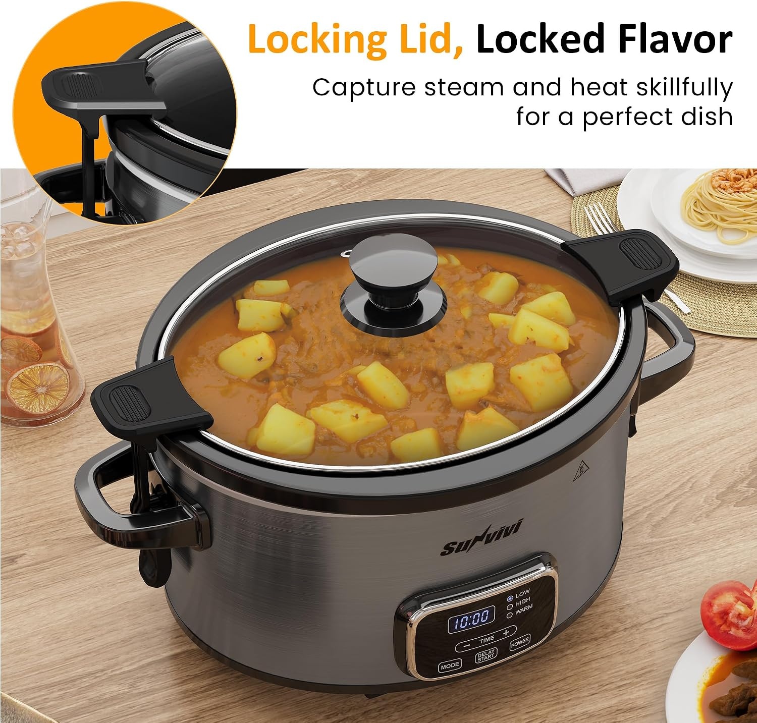 image:imageSunvivi 4QT Programmable Slow Cooker with Locking Lid Removable Ceramic Pot 3 Heating Settings amp Timer DishwasherSafe Stainless SteelGrey