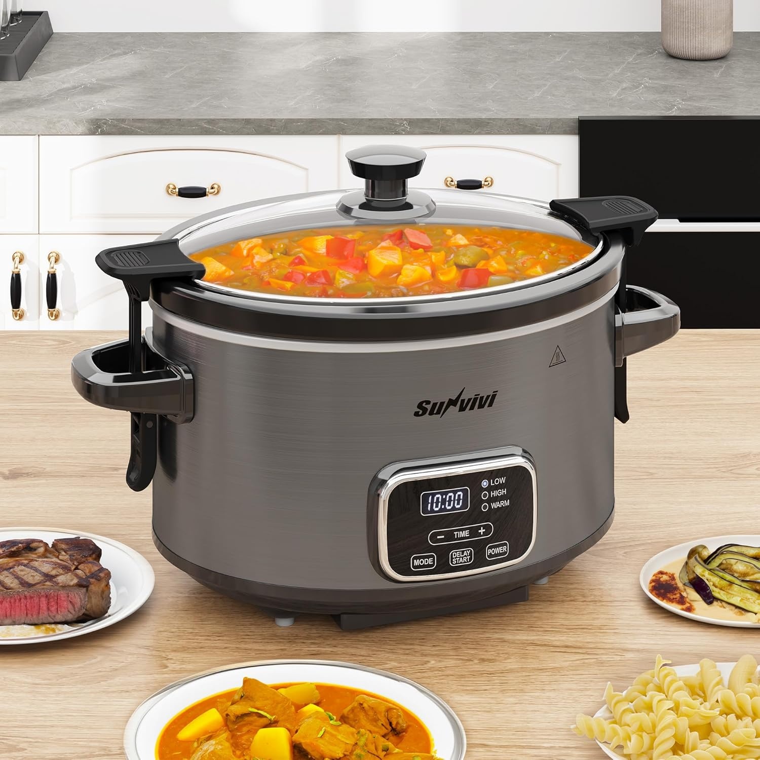 image:imageSunvivi 4QT Programmable Slow Cooker with Locking Lid Removable Ceramic Pot 3 Heating Settings amp Timer DishwasherSafe Stainless SteelGrey
