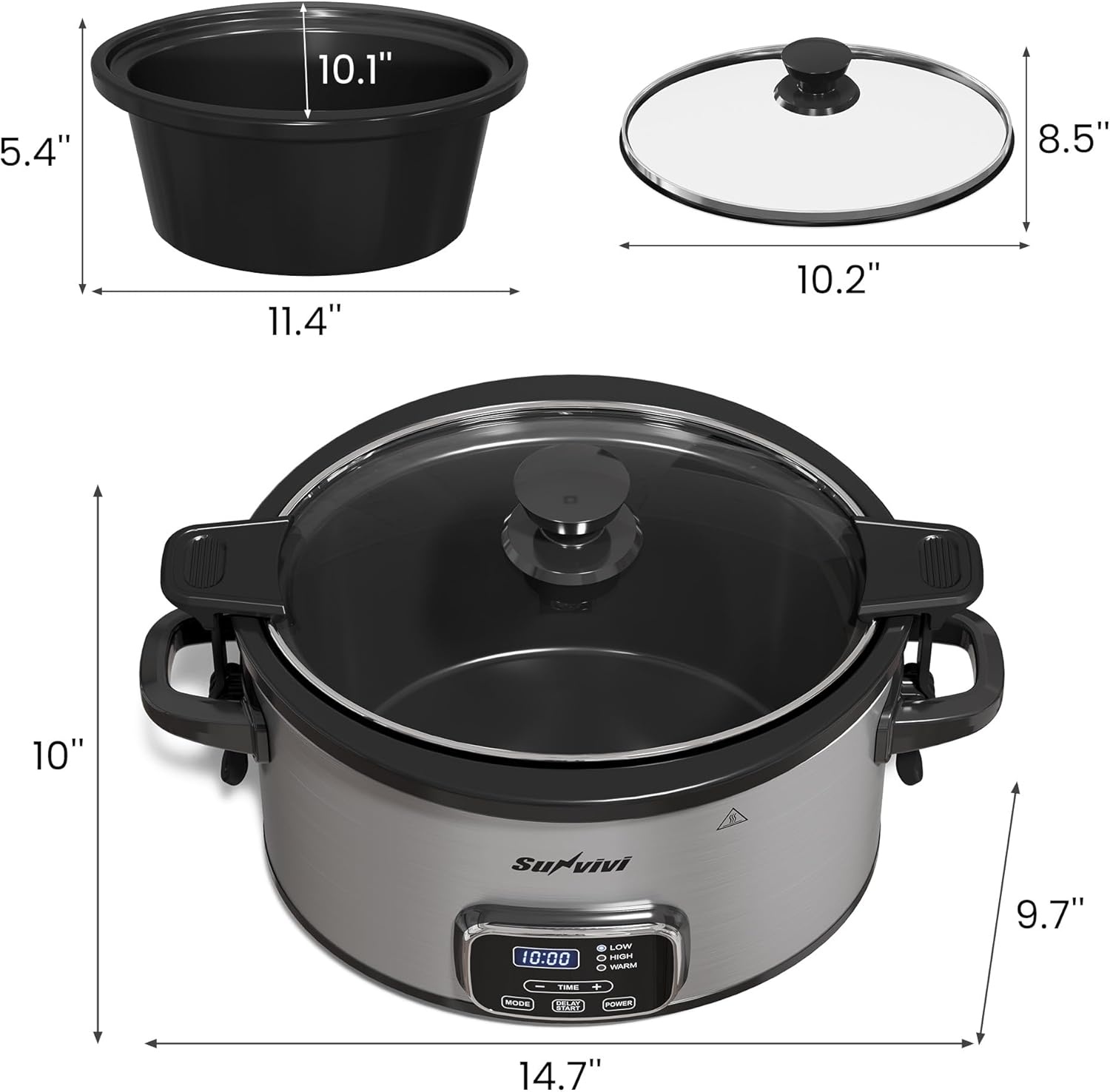 image:imageSunvivi 4QT Programmable Slow Cooker with Locking Lid Removable Ceramic Pot 3 Heating Settings amp Timer DishwasherSafe Stainless SteelGrey