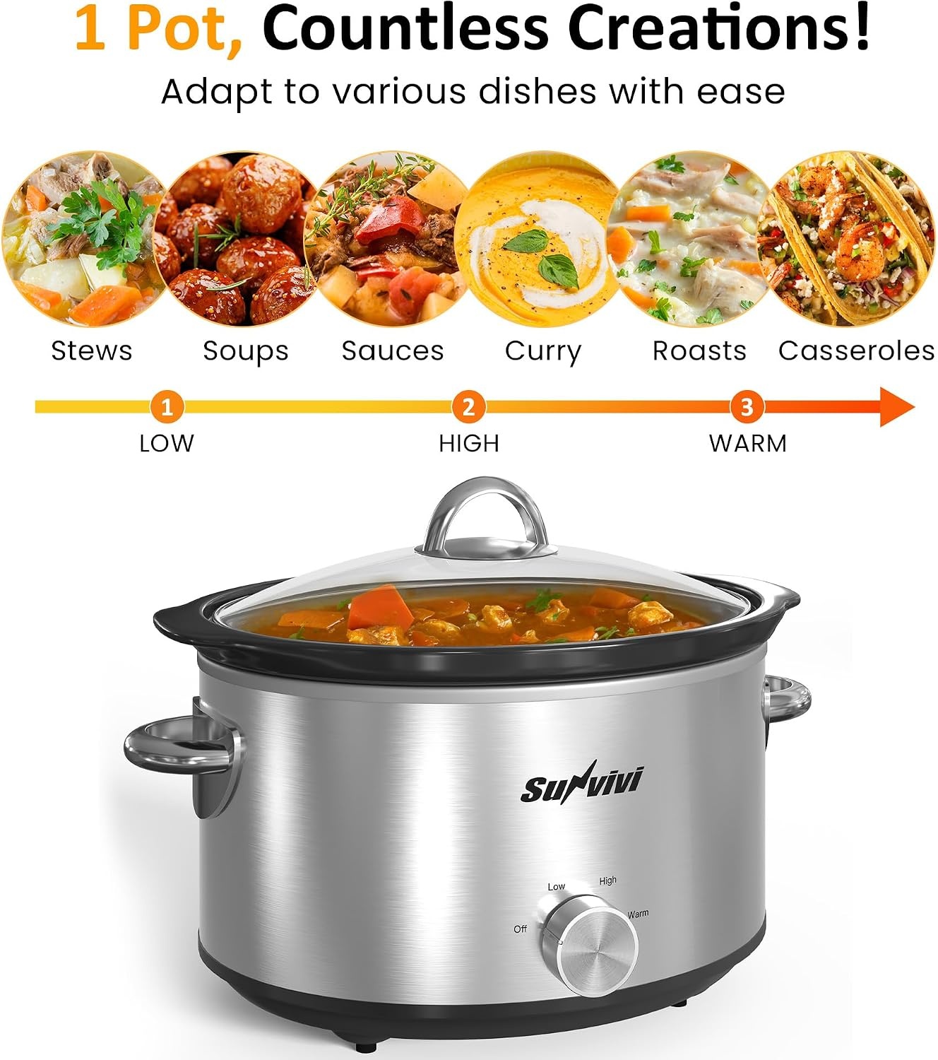image:imageSunvivi 4QT Programmable Slow Cooker with Locking Lid Removable Ceramic Pot 3 Heating Settings amp Timer DishwasherSafe Stainless SteelSilver