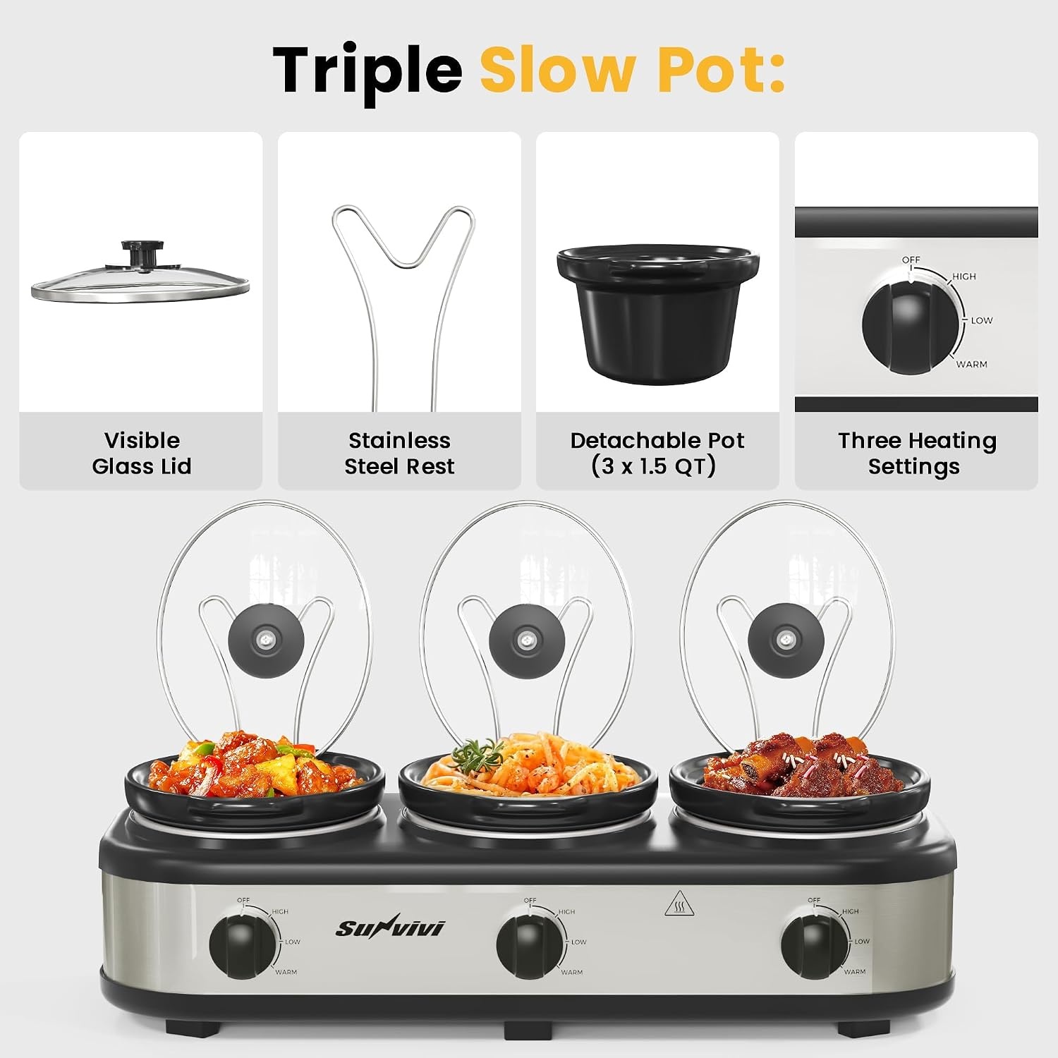 image:imageSunvivi 4QT Programmable Slow Cooker with Locking Lid Removable Ceramic Pot 3 Heating Settings amp Timer DishwasherSafe Stainless SteelSilver