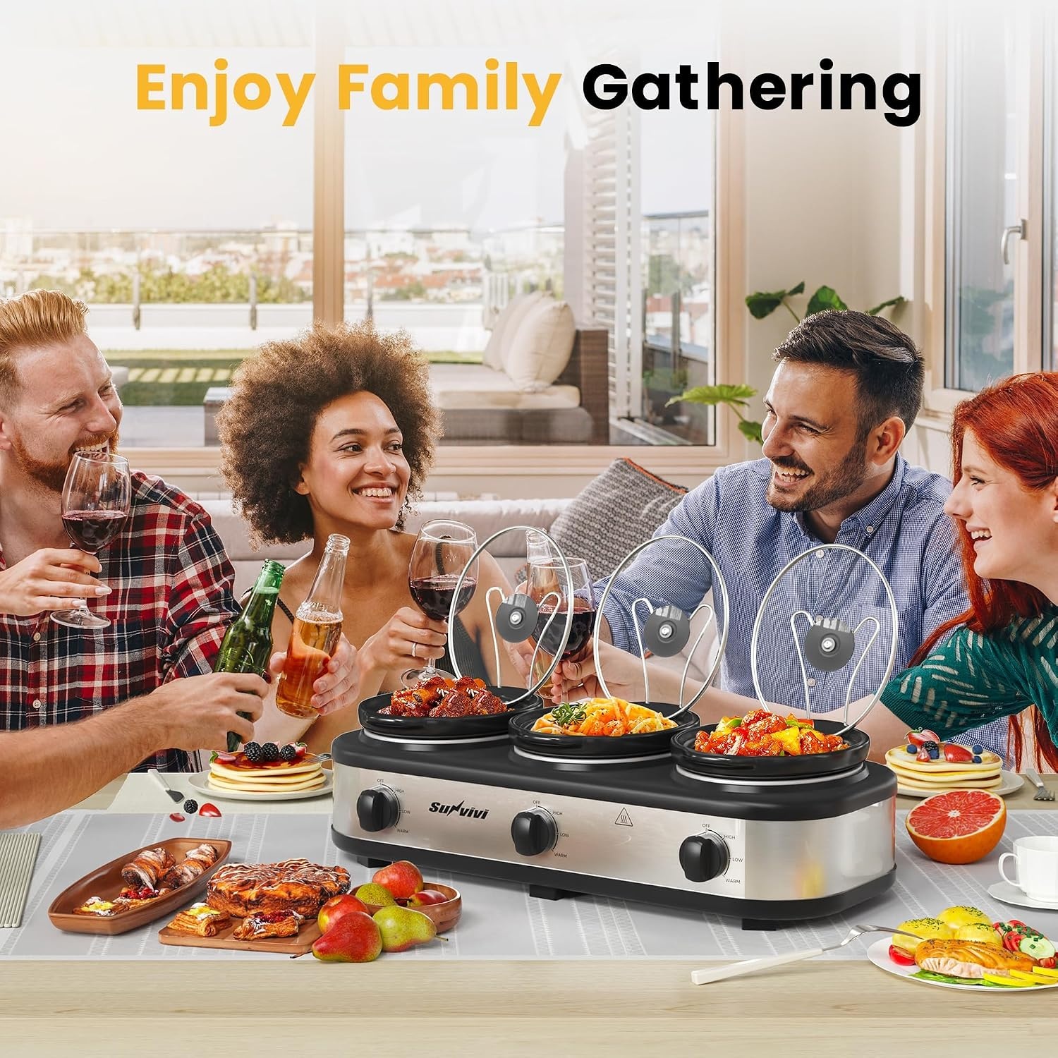 image:imageSunvivi 4QT Programmable Slow Cooker with Locking Lid Removable Ceramic Pot 3 Heating Settings amp Timer DishwasherSafe Stainless SteelSilver