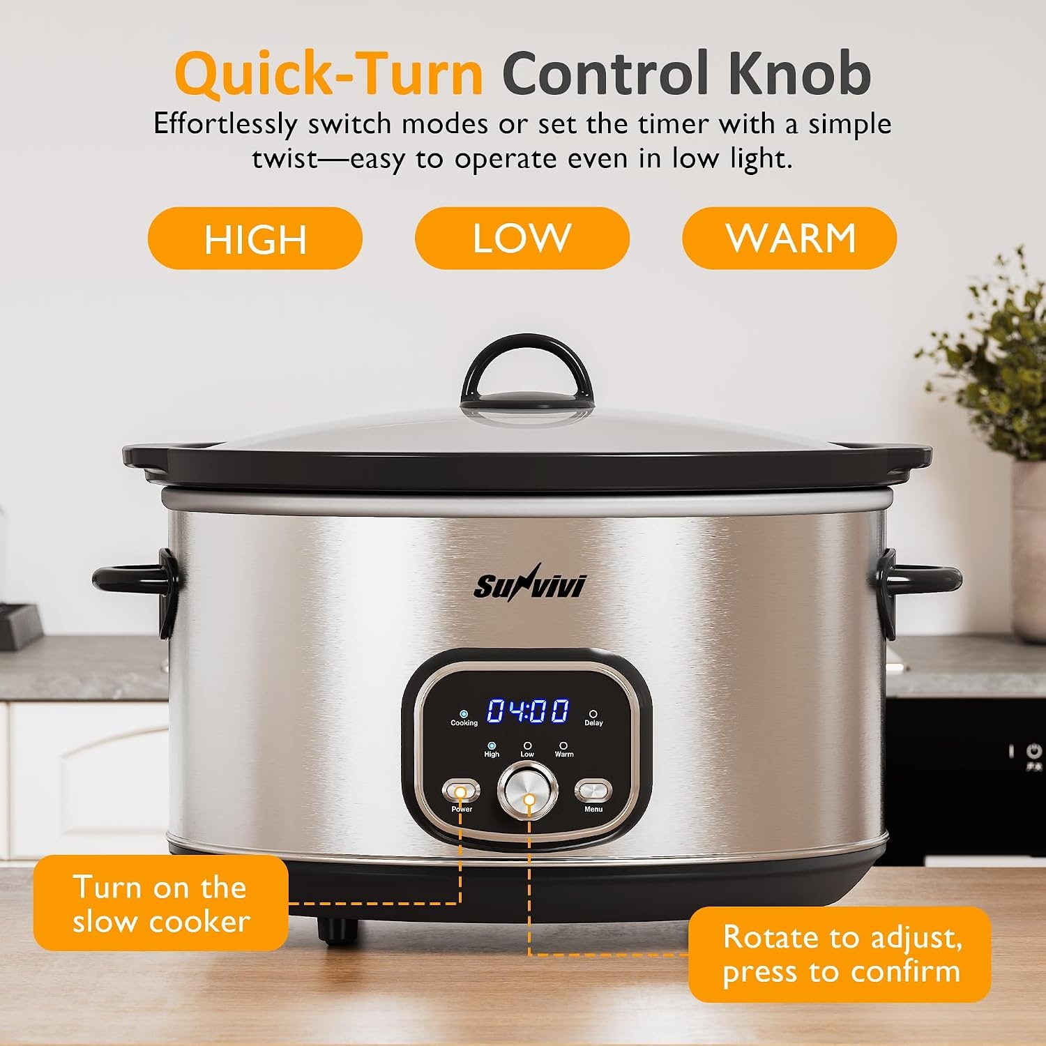 image:imageSunvivi 4QT Programmable Slow Cooker with Locking Lid Removable Ceramic Pot 3 Heating Settings amp Timer DishwasherSafe Stainless SteelSilver