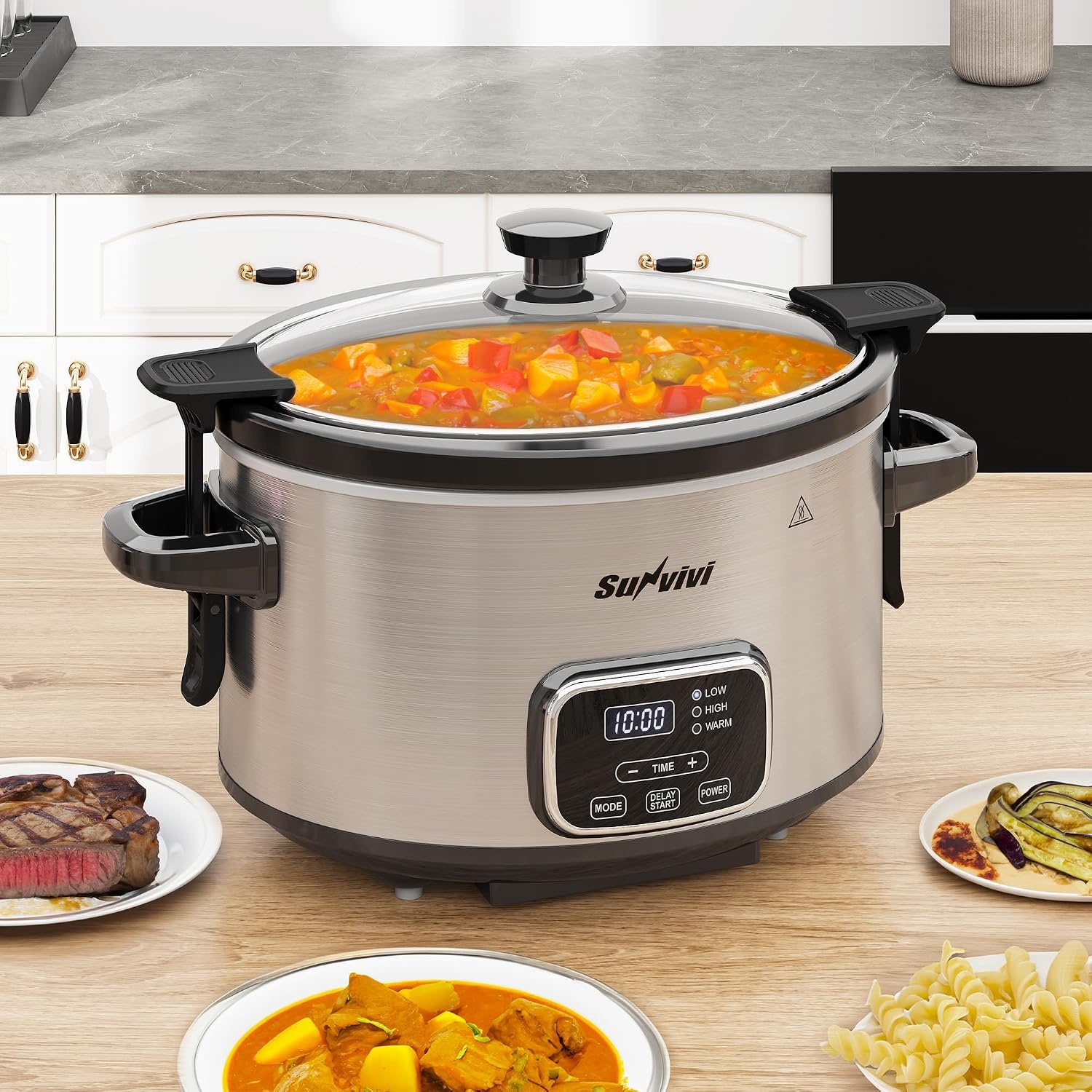 image:imageSunvivi 4QT Programmable Slow Cooker with Locking Lid Removable Ceramic Pot 3 Heating Settings amp Timer DishwasherSafe Stainless SteelSilver