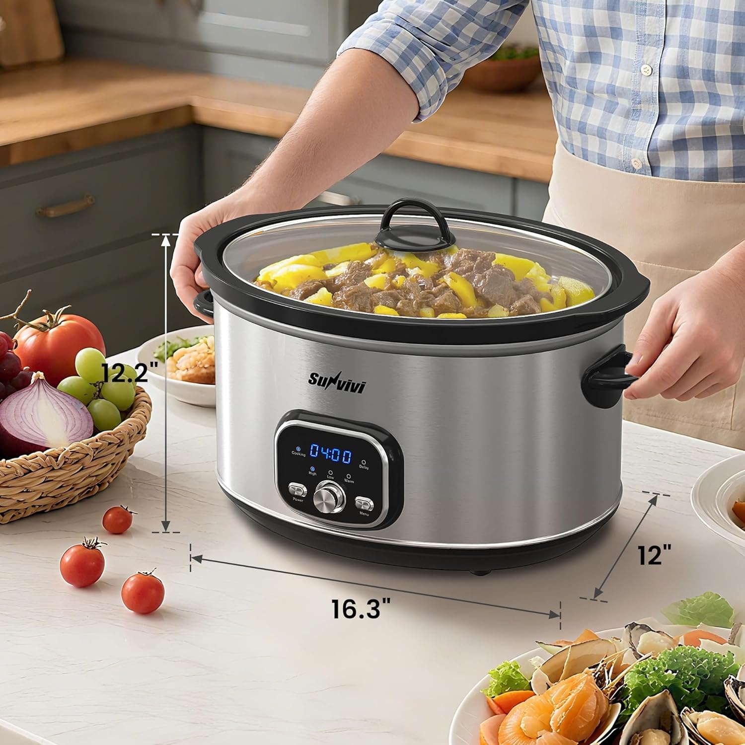 image:imageSunvivi 4QT Programmable Slow Cooker with Locking Lid Removable Ceramic Pot 3 Heating Settings amp Timer DishwasherSafe Stainless SteelSilver
