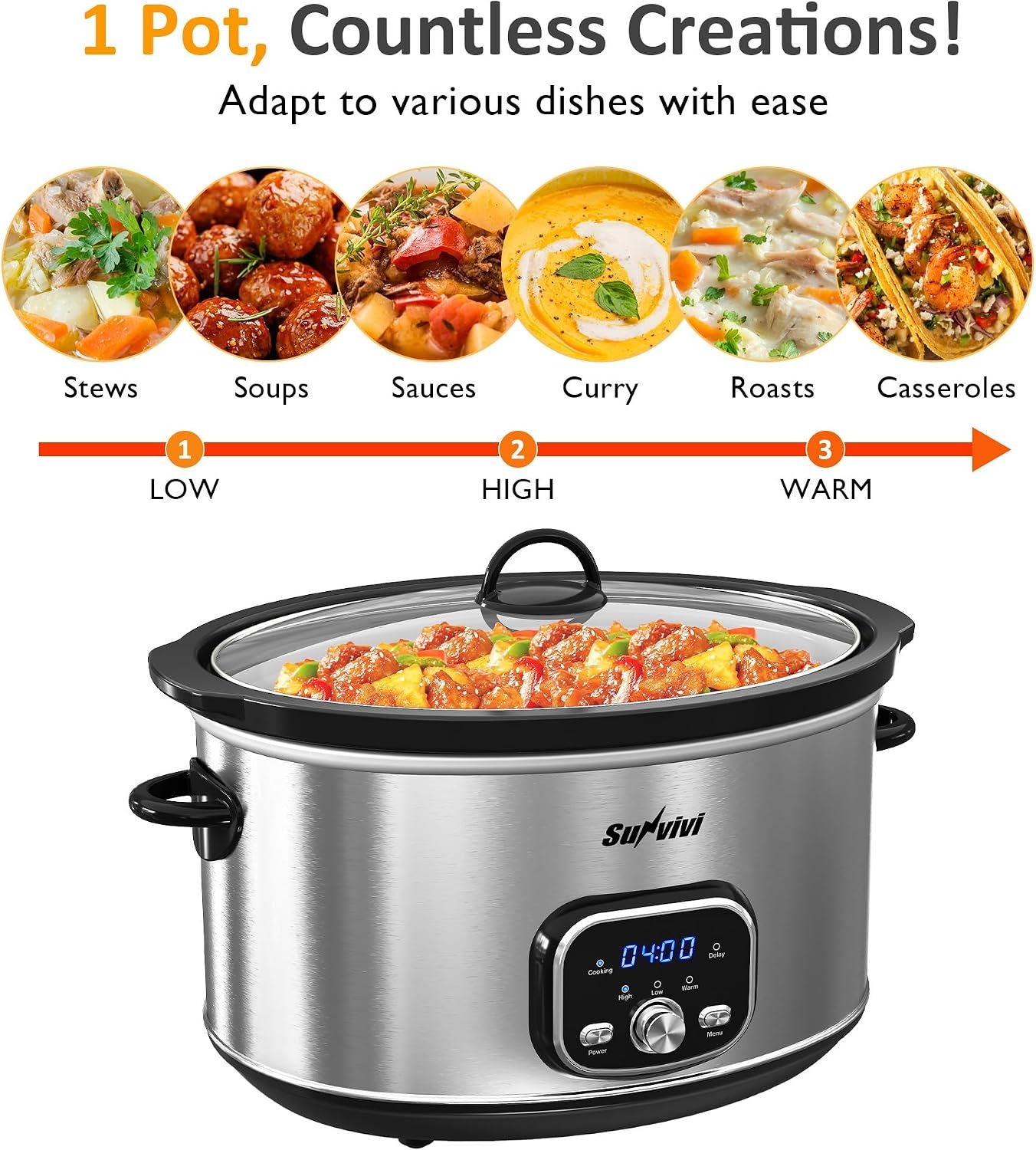 image:imageSunvivi 4QT Programmable Slow Cooker with Locking Lid Removable Ceramic Pot 3 Heating Settings amp Timer DishwasherSafe Stainless SteelSilver