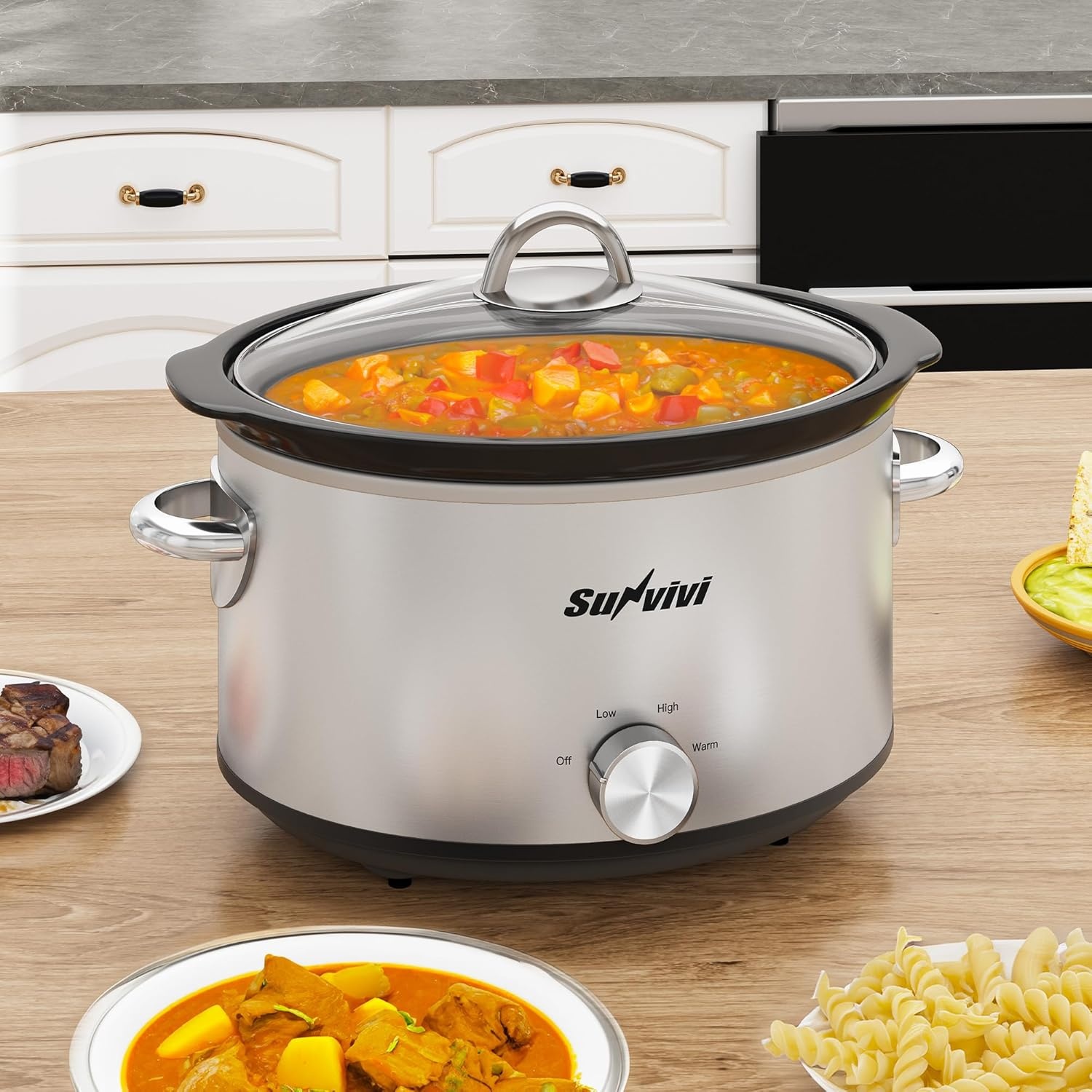 image:imageSunvivi 4QT Programmable Slow Cooker with Locking Lid Removable Ceramic Pot 3 Heating Settings amp Timer DishwasherSafe Stainless SteelSilver