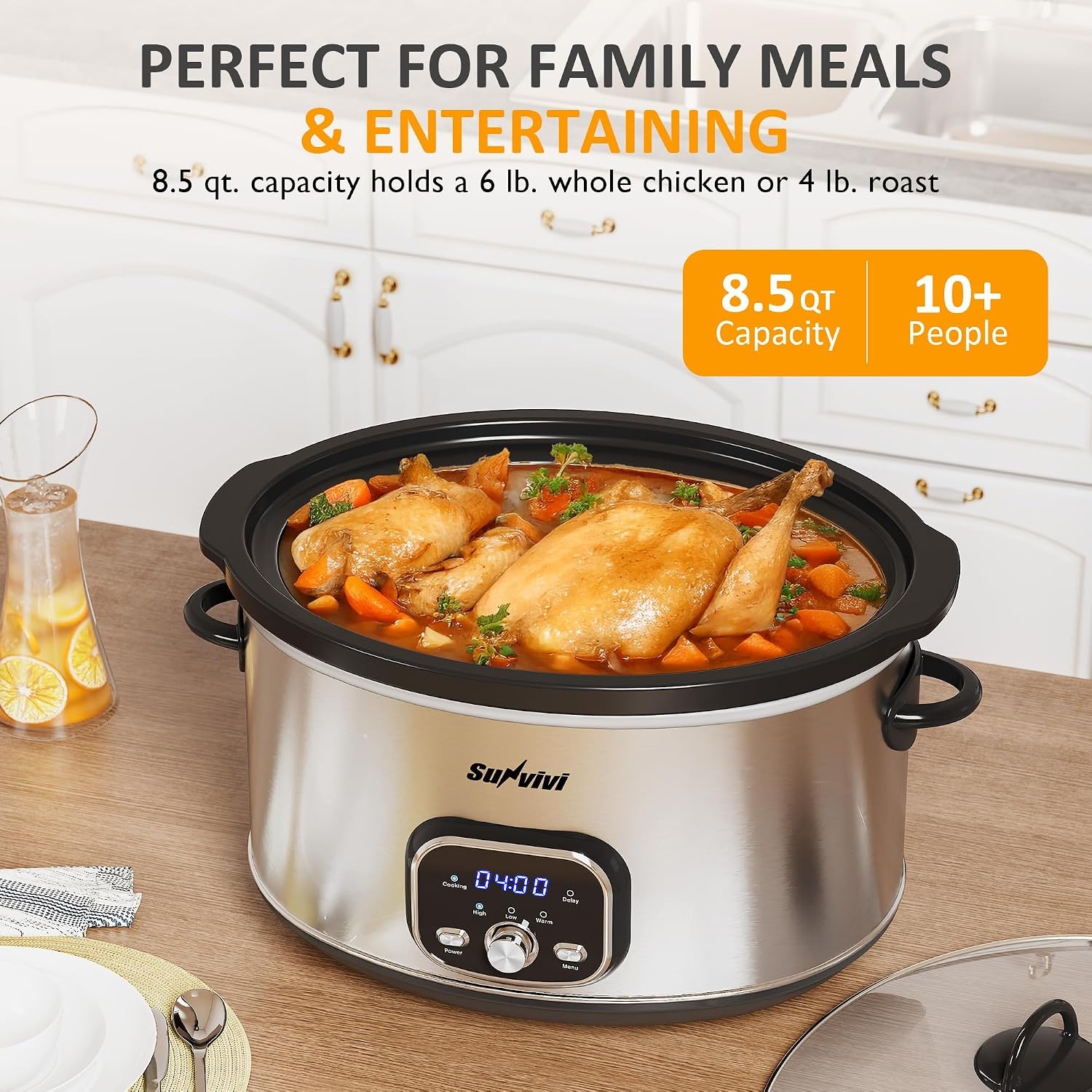 image:imageSunvivi 4QT Programmable Slow Cooker with Locking Lid Removable Ceramic Pot 3 Heating Settings amp Timer DishwasherSafe Stainless SteelSilver