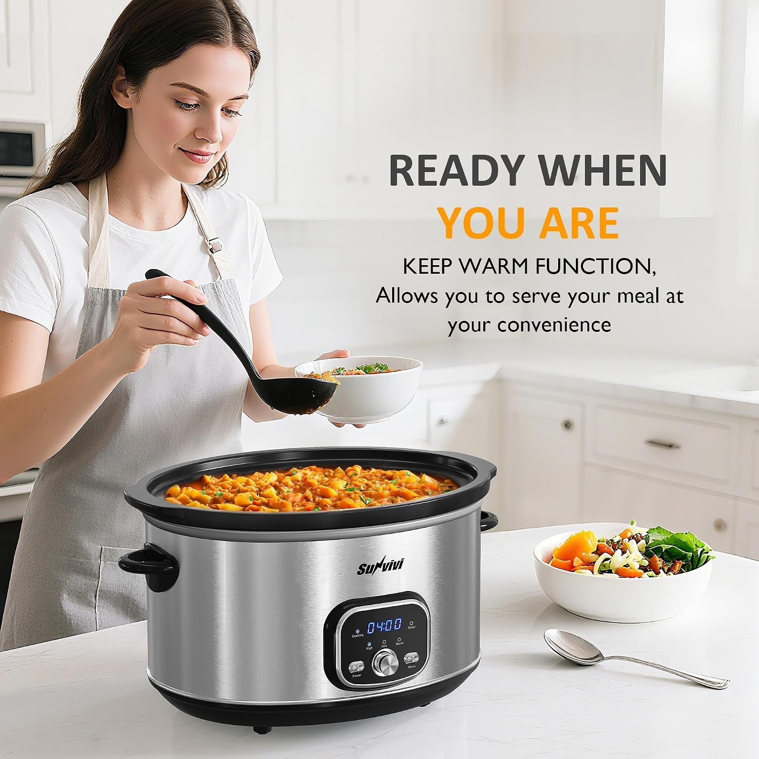 image:imageSunvivi 4QT Programmable Slow Cooker with Locking Lid Removable Ceramic Pot 3 Heating Settings amp Timer DishwasherSafe Stainless SteelSilver