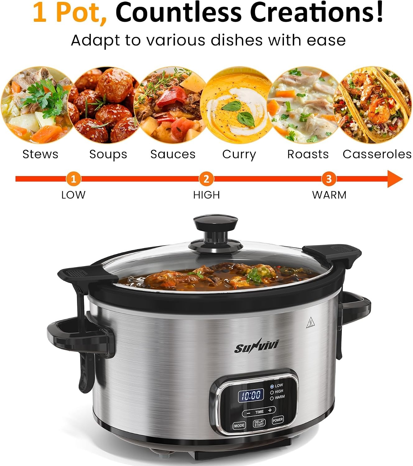 image:imageSunvivi 4QT Programmable Slow Cooker with Locking Lid Removable Ceramic Pot 3 Heating Settings amp Timer DishwasherSafe Stainless SteelSilver