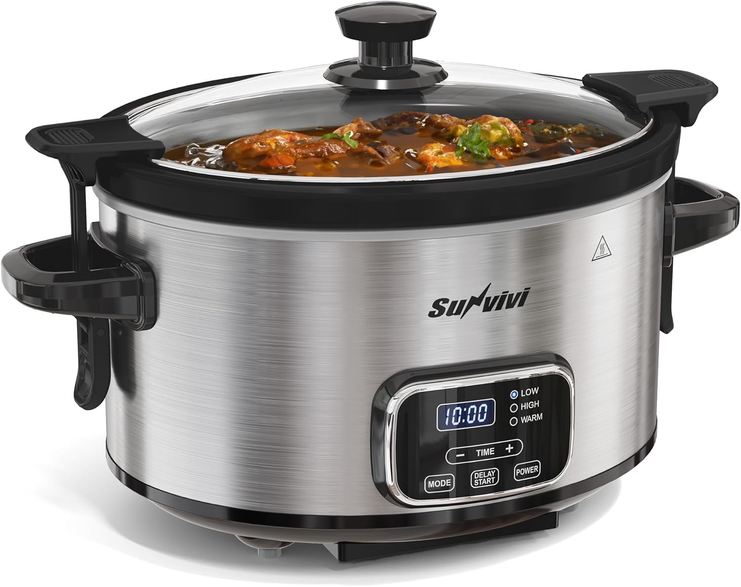 image:imageSunvivi 4QT Programmable Slow Cooker with Locking Lid Removable Ceramic Pot 3 Heating Settings amp Timer DishwasherSafe Stainless SteelSilver