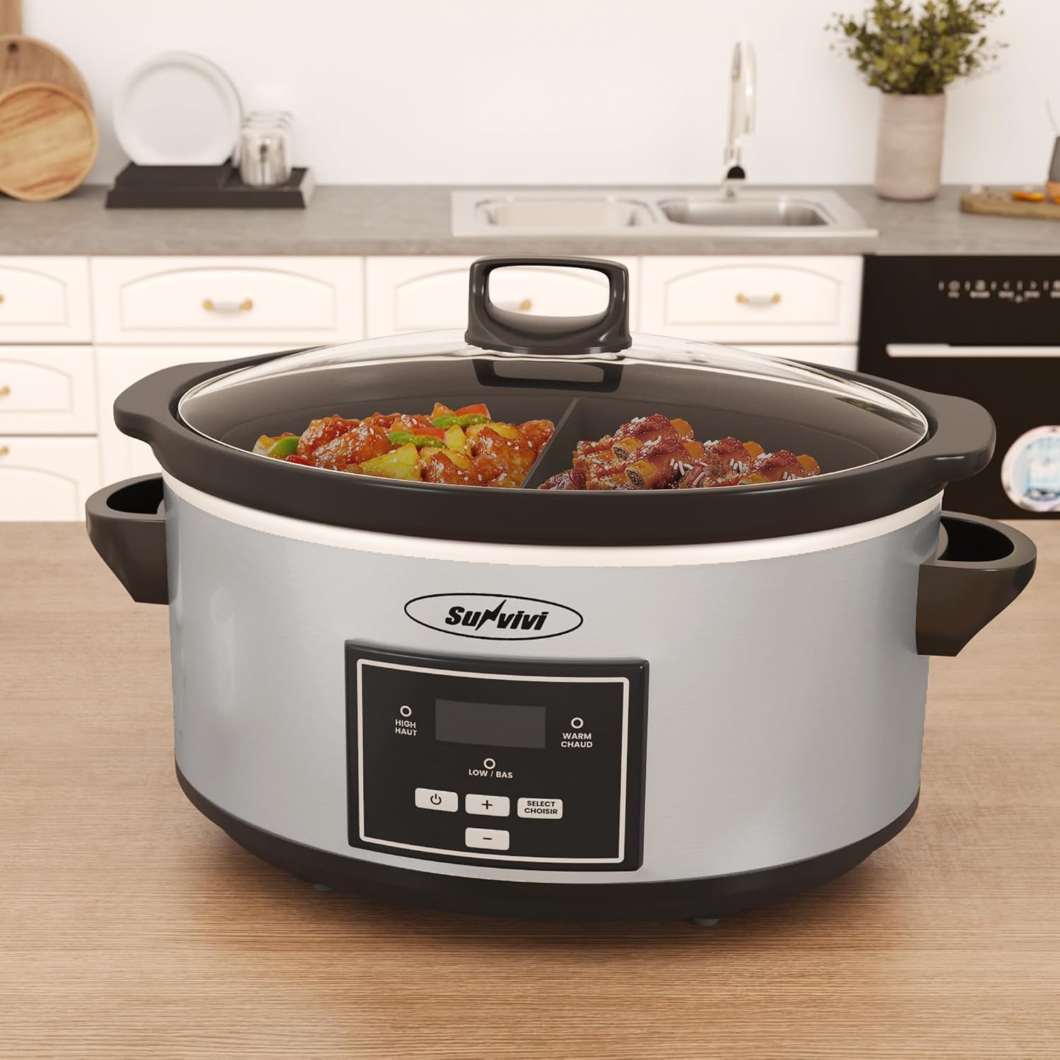 image:imageSunvivi 4QT Programmable Slow Cooker with Locking Lid Removable Ceramic Pot 3 Heating Settings amp Timer DishwasherSafe Stainless SteelSilver