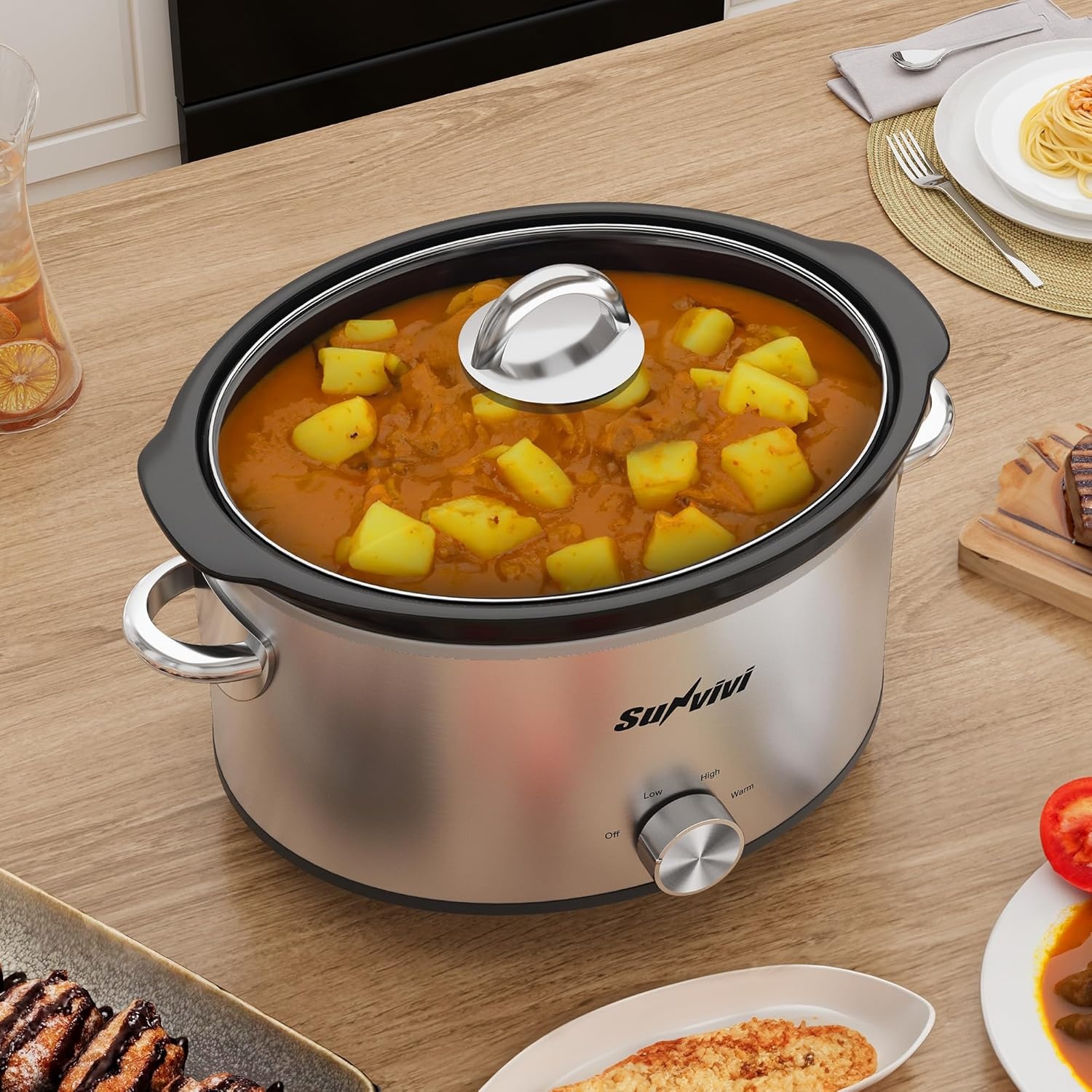 image:imageSunvivi 4QT Programmable Slow Cooker with Locking Lid Removable Ceramic Pot 3 Heating Settings amp Timer DishwasherSafe Stainless SteelSilver