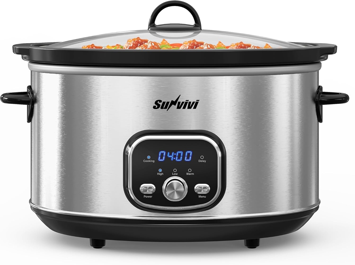 image:imageSunvivi 4QT Programmable Slow Cooker with Locking Lid Removable Ceramic Pot 3 Heating Settings amp Timer DishwasherSafe Stainless SteelSilver
