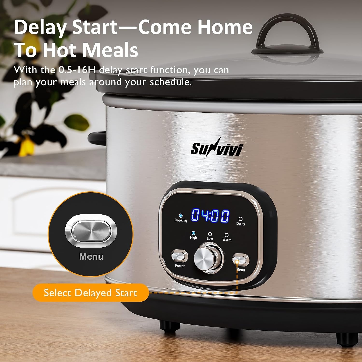 image:imageSunvivi 4QT Programmable Slow Cooker with Locking Lid Removable Ceramic Pot 3 Heating Settings amp Timer DishwasherSafe Stainless SteelSilver