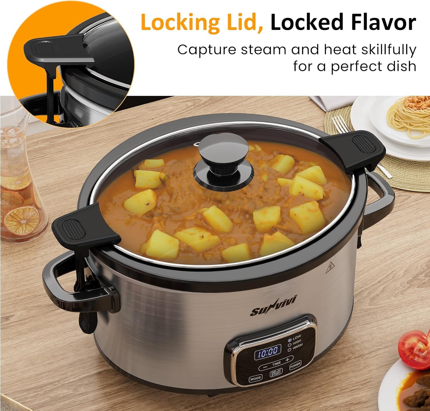 image:imageSunvivi 4QT Programmable Slow Cooker with Locking Lid Removable Ceramic Pot 3 Heating Settings amp Timer DishwasherSafe Stainless SteelSilver