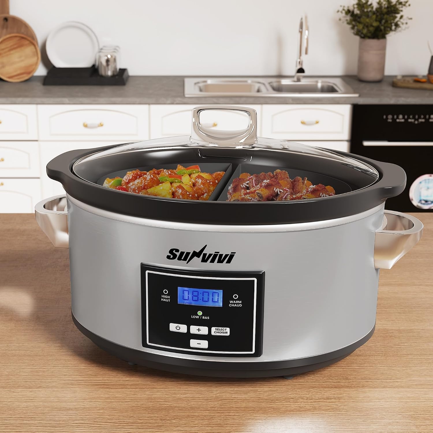 image:imageSunvivi 4QT Programmable Slow Cooker with Locking Lid Removable Ceramic Pot 3 Heating Settings amp Timer DishwasherSafe Stainless SteelSilver1