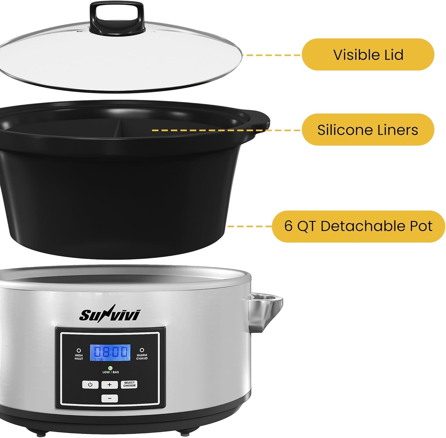 image:imageSunvivi 4QT Programmable Slow Cooker with Locking Lid Removable Ceramic Pot 3 Heating Settings amp Timer DishwasherSafe Stainless SteelSilver1