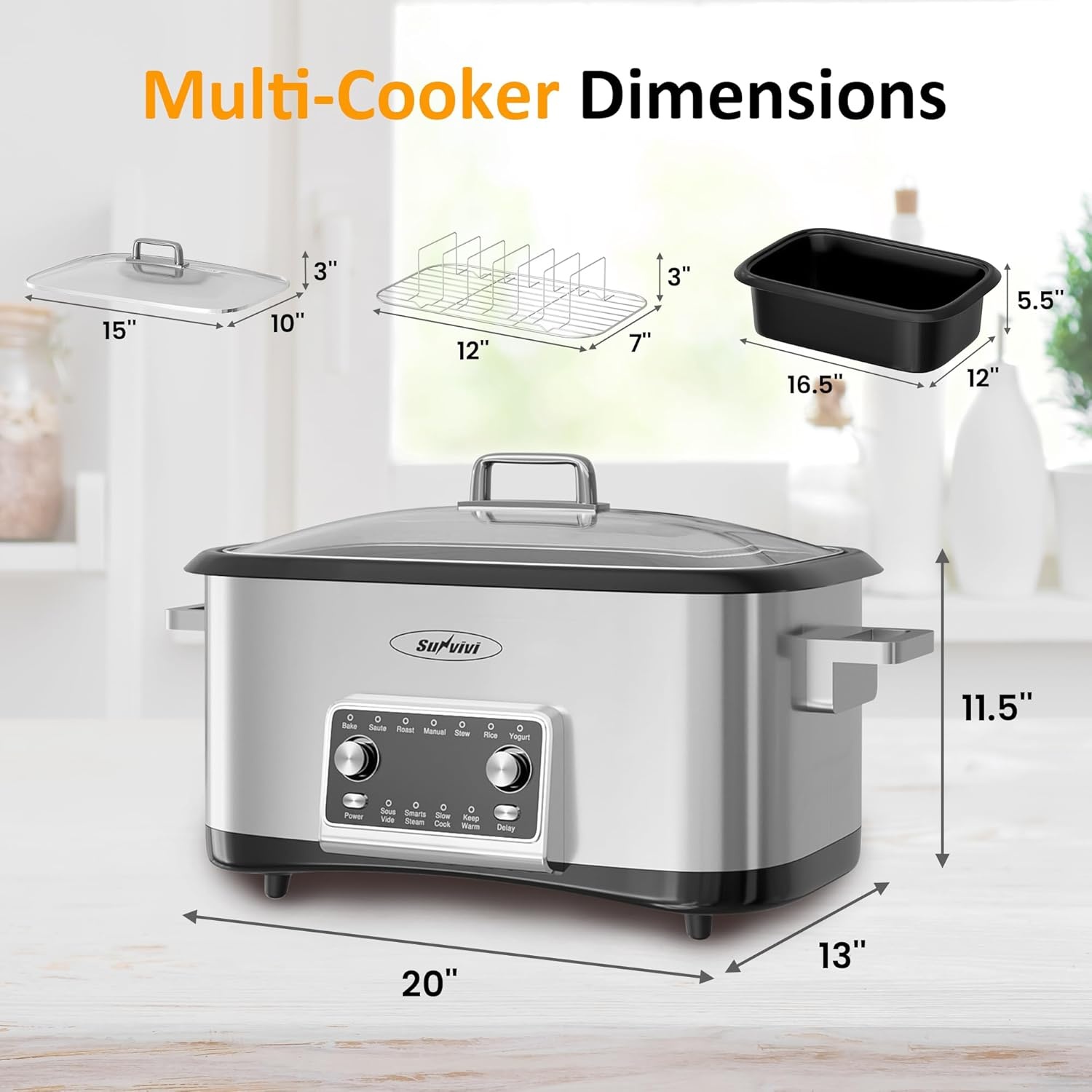 image:imageSunvivi 8 Quart Slow Cooker Roaster Oven 12 in 1 Programmable MultiCooker with Digital Timer Temp Control Keep Warm Removable Nonstick Aluminum Pot amp DishwasherSafe Glass Lid Stainless Steel