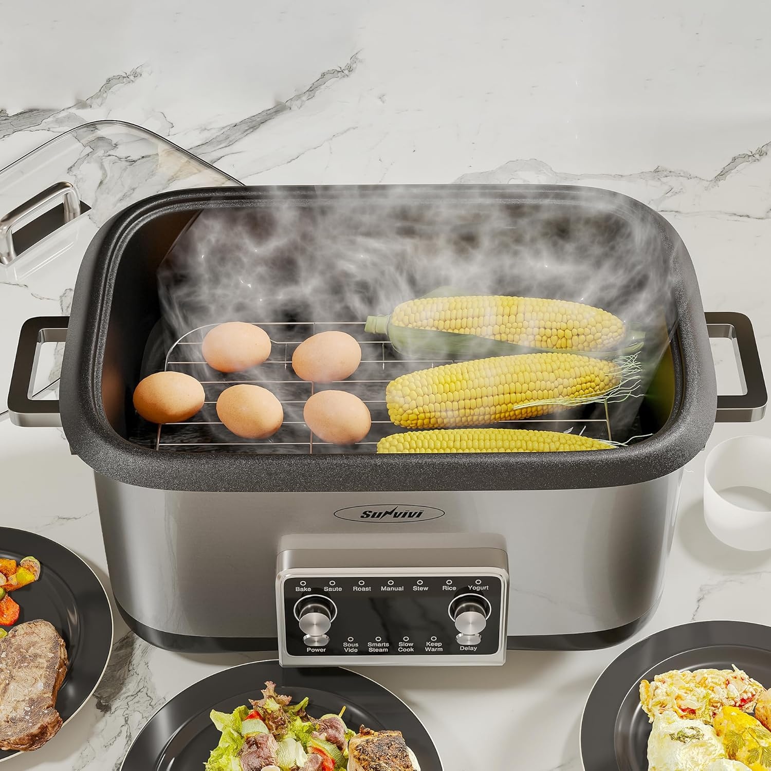 image:imageSunvivi 8 Quart Slow Cooker Roaster Oven 12 in 1 Programmable MultiCooker with Digital Timer Temp Control Keep Warm Removable Nonstick Aluminum Pot amp DishwasherSafe Glass Lid Stainless Steel