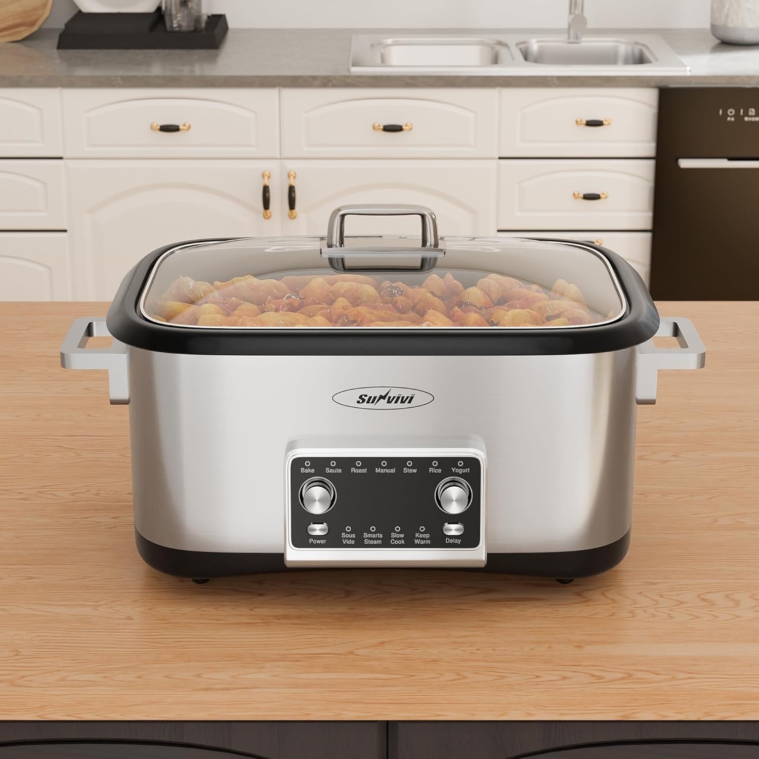 image:imageSunvivi 8 Quart Slow Cooker Roaster Oven 12 in 1 Programmable MultiCooker with Digital Timer Temp Control Keep Warm Removable Nonstick Aluminum Pot amp DishwasherSafe Glass Lid Stainless Steel