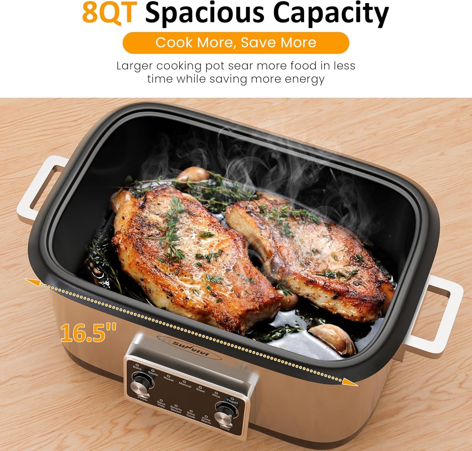 image:imageSunvivi 8 Quart Slow Cooker Roaster Oven 12 in 1 Programmable MultiCooker with Digital Timer Temp Control Keep Warm Removable Nonstick Aluminum Pot amp DishwasherSafe Glass Lid Stainless Steel