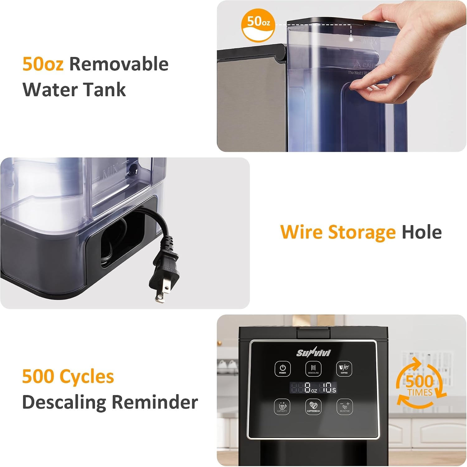 image:imageSunvivi Coffee Maker with Coffee Grinder 3 in 1 Single Serve Coffee Machine Compatible Capsule coffee Ground Coffee amp Tea614 Oz CupRemovable 50 Oz Water ReservoirDescaling FunctionBlackSilver