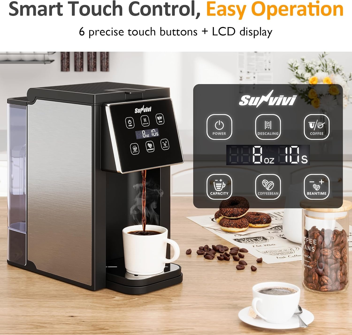 image:imageSunvivi Coffee Maker with Coffee Grinder 3 in 1 Single Serve Coffee Machine Compatible Capsule coffee Ground Coffee amp Tea614 Oz CupRemovable 50 Oz Water ReservoirDescaling FunctionBlackSilver