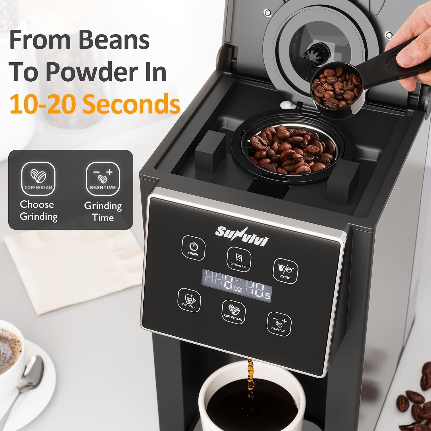 image:imageSunvivi Coffee Maker with Coffee Grinder 3 in 1 Single Serve Coffee Machine Compatible Capsule coffee Ground Coffee amp Tea614 Oz CupRemovable 50 Oz Water ReservoirDescaling FunctionBlackSilver