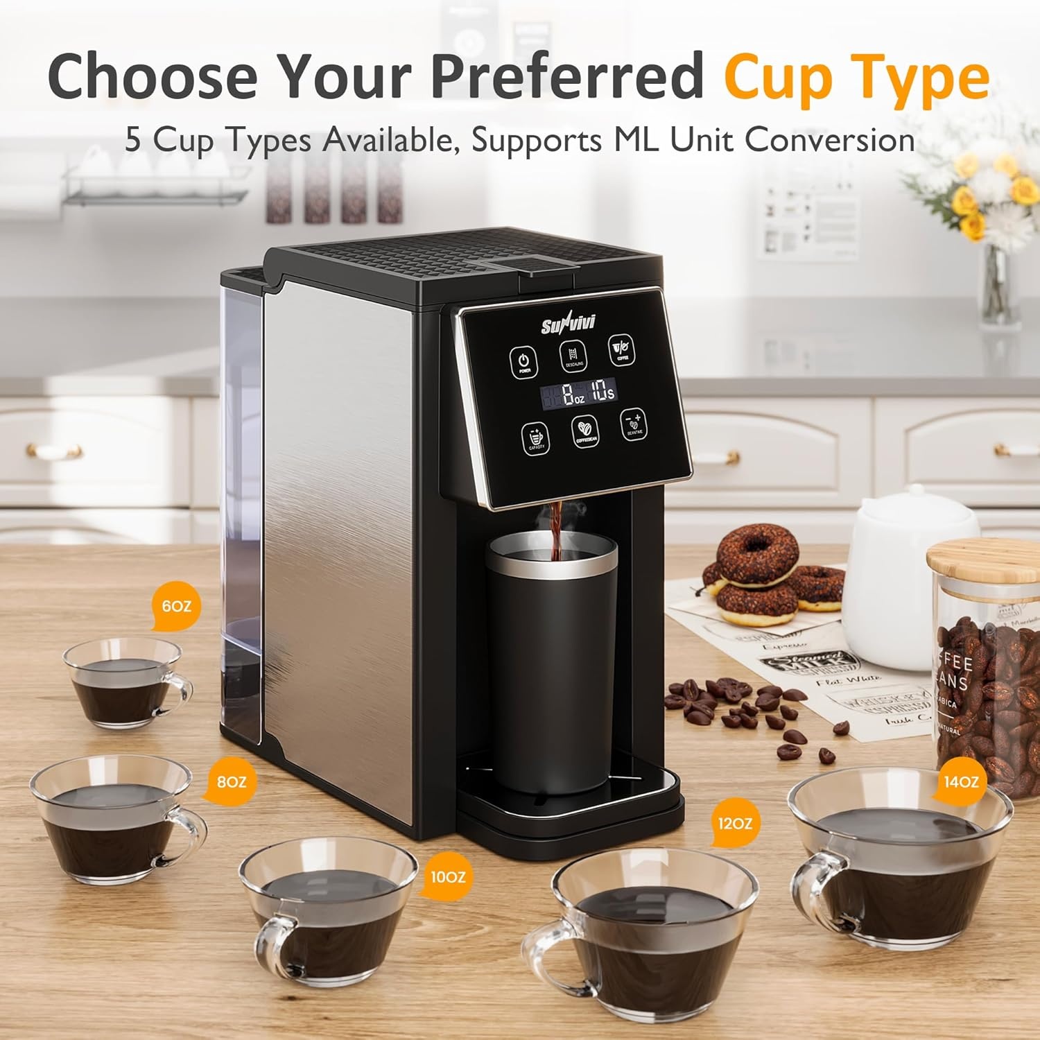 image:imageSunvivi Coffee Maker with Coffee Grinder 3 in 1 Single Serve Coffee Machine Compatible Capsule coffee Ground Coffee amp Tea614 Oz CupRemovable 50 Oz Water ReservoirDescaling FunctionBlackSilver