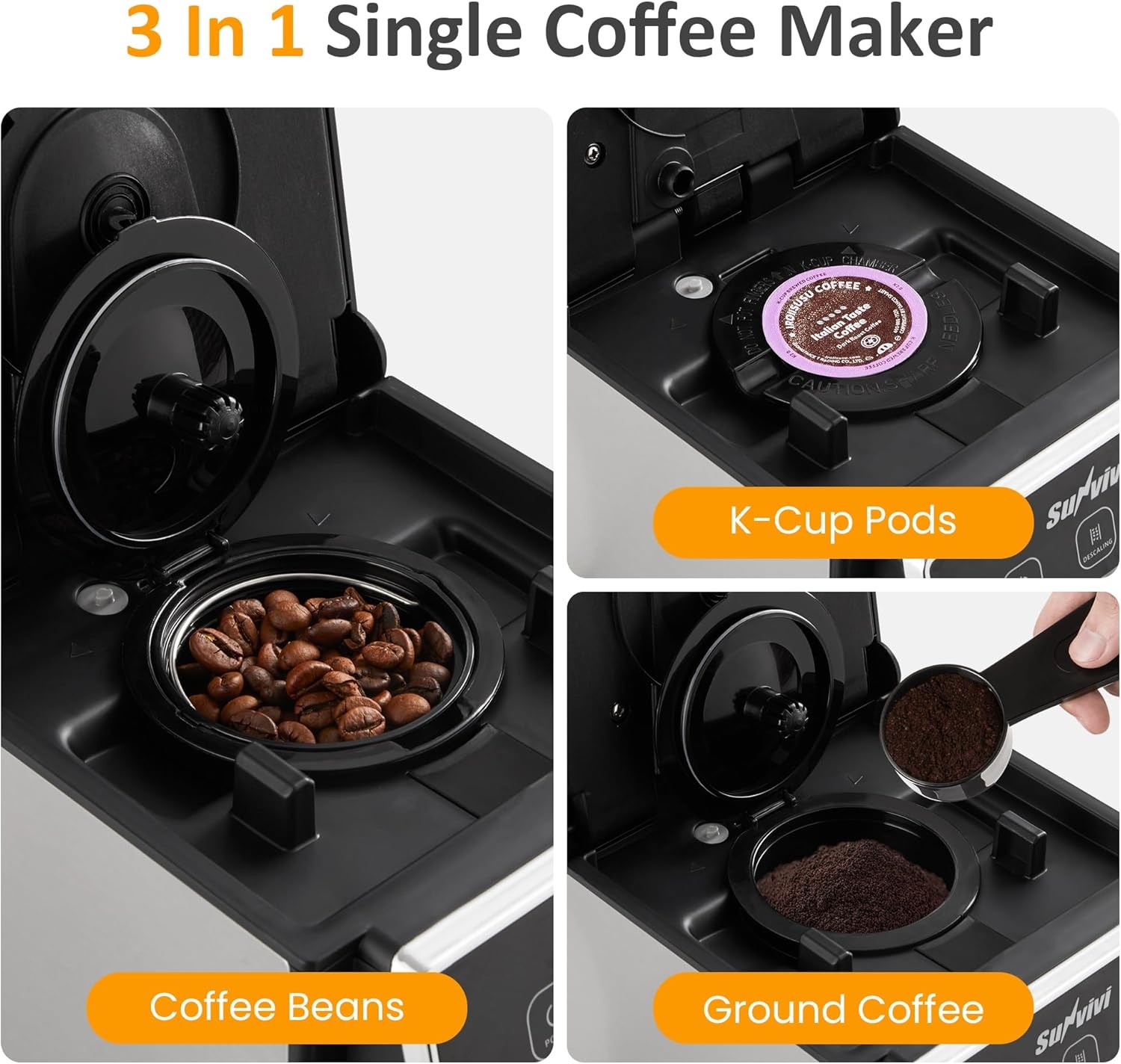 image:imageSunvivi Coffee Maker with Coffee Grinder 3 in 1 Single Serve Coffee Machine Compatible Capsule coffee Ground Coffee amp Tea614 Oz CupRemovable 50 Oz Water ReservoirDescaling FunctionBlackSilver
