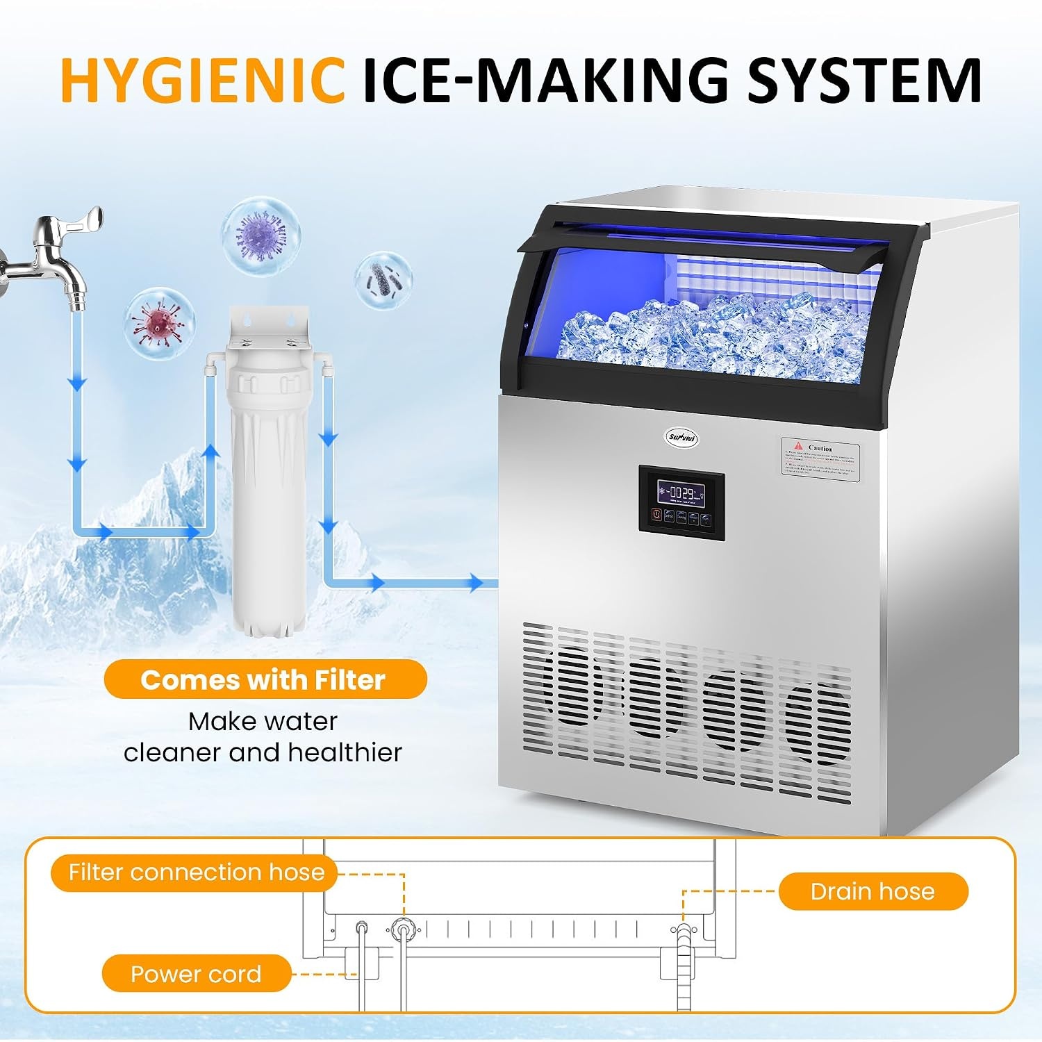 image:imageSunvivi Commercial Ice Maker Machine 265LBS24H 55LBS Storage Bin Stainless Steel Under Counter Ice Machine for Restaurants Bars and Home Use Includes Water Filter Scoop and Hose