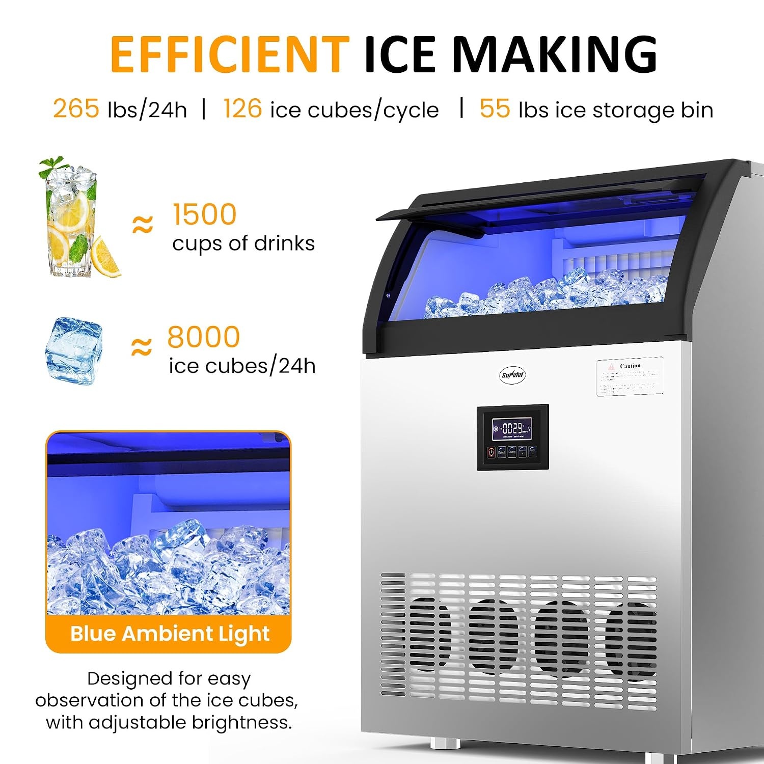 image:imageSunvivi Commercial Ice Maker Machine 265LBS24H 55LBS Storage Bin Stainless Steel Under Counter Ice Machine for Restaurants Bars and Home Use Includes Water Filter Scoop and Hose