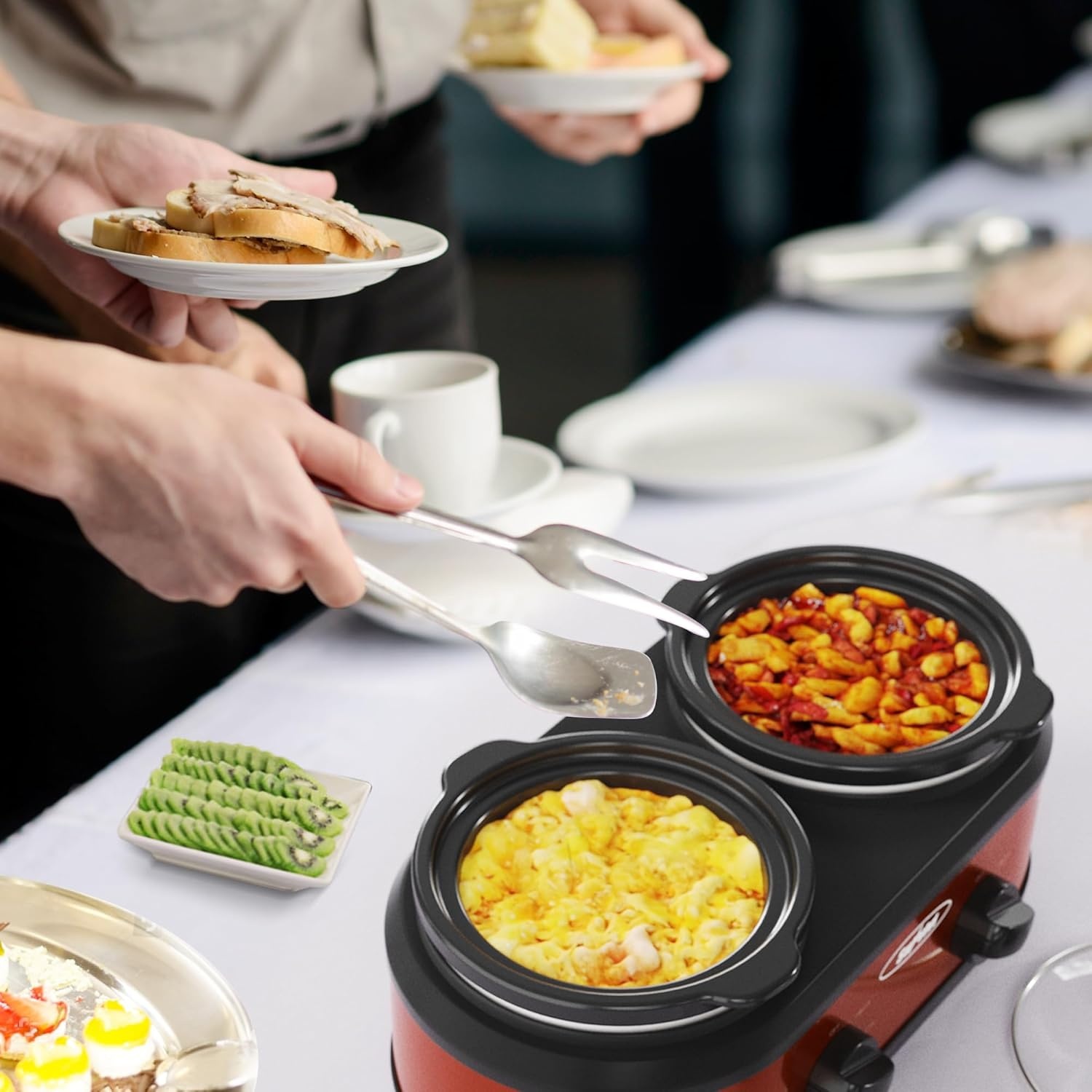 image:imageSunvivi Double Slow Cooker2 Pot Small Mini Crock Buffet Servers and WarmerDual Pot Oval Manual Slow Cooker with Adjustable Temp Removable Ceramic PotStainless Steel Total 2 125 Quarts BlackRed