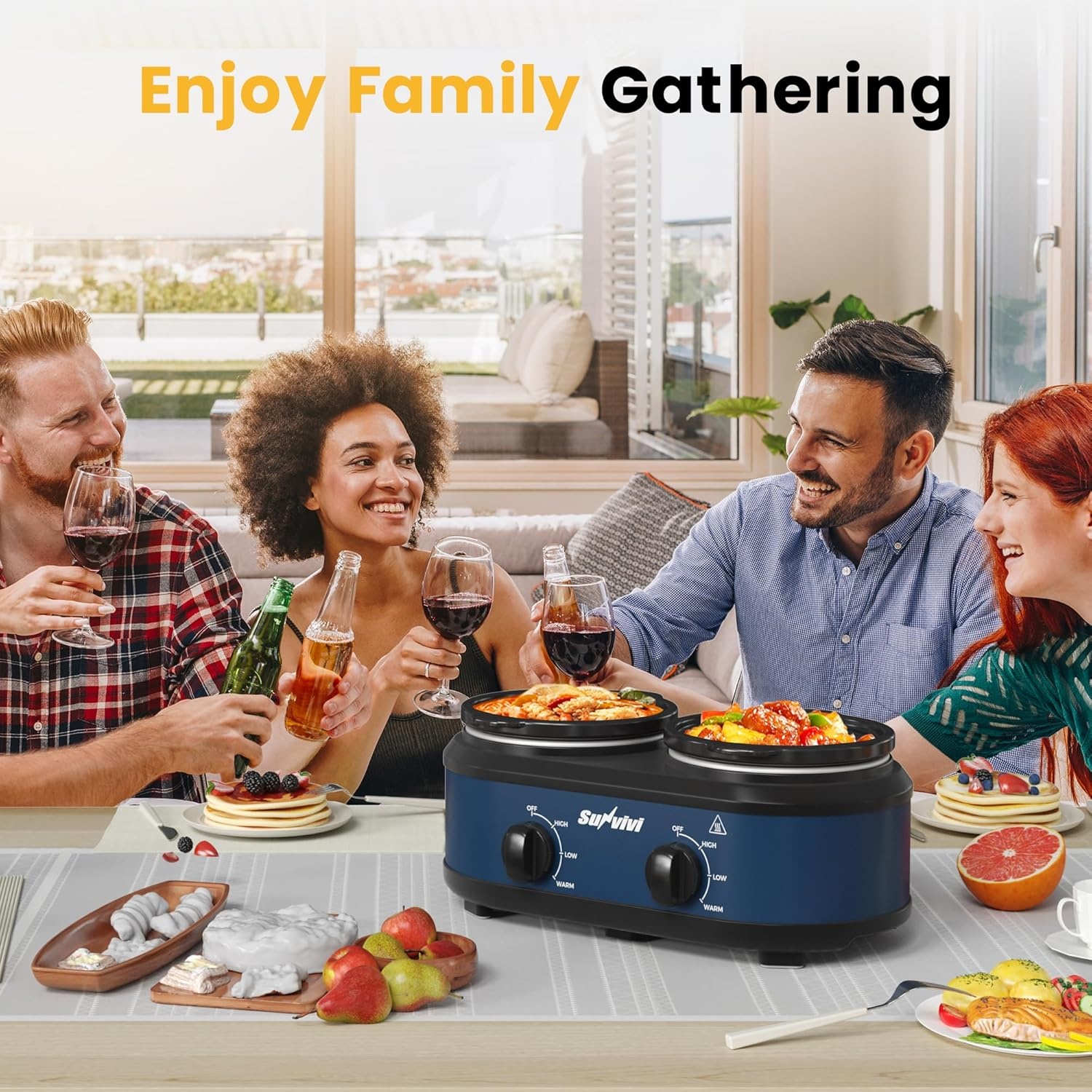 image:imageSunvivi Double Slow Cooker2 Pot Small Mini Crock Buffet Servers and WarmerDual Pot Oval Manual Slow Cooker with Adjustable Temp Removable Ceramic PotStainless Steel Total 2 125 Quarts Blackblue