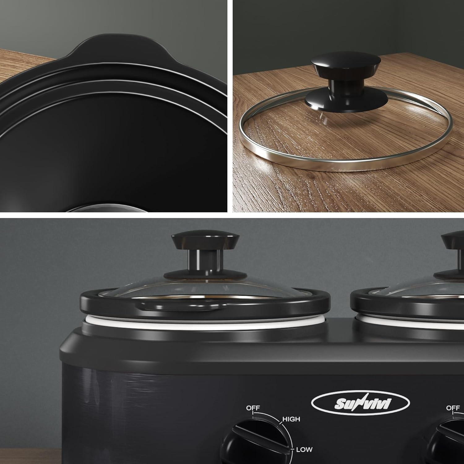 image:imageSunvivi Double Slow Cooker2 Pot Small Mini Crock Buffet Servers and WarmerDual Pot Oval Manual Slow Cooker with Adjustable Temp Removable Ceramic PotStainless Steel Total 2 125 Quarts BlackBlack
