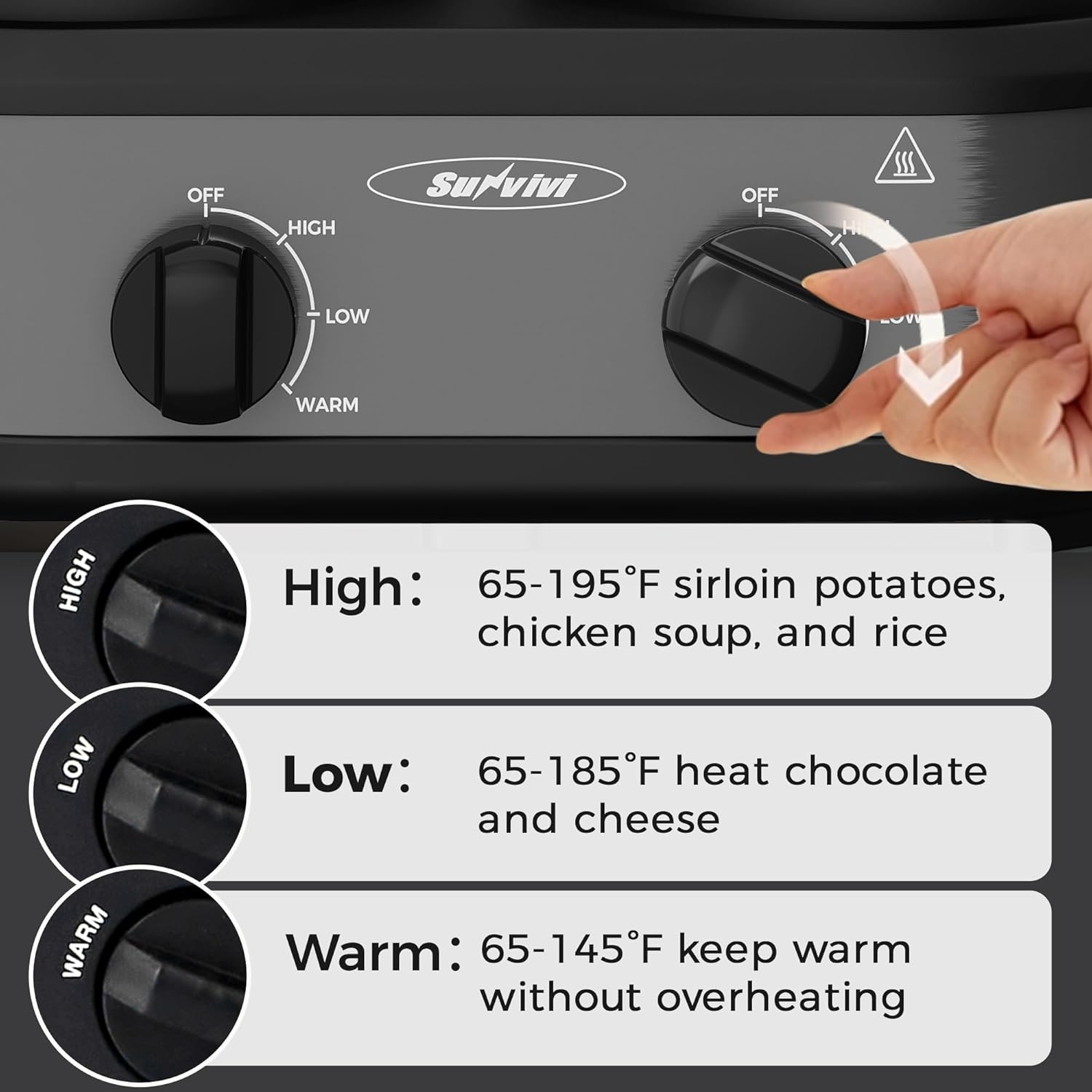 image:imageSunvivi Double Slow Cooker2 Pot Small Mini Crock Buffet Servers and WarmerDual Pot Oval Manual Slow Cooker with Adjustable Temp Removable Ceramic PotStainless Steel Total 2 125 Quarts BlackGray