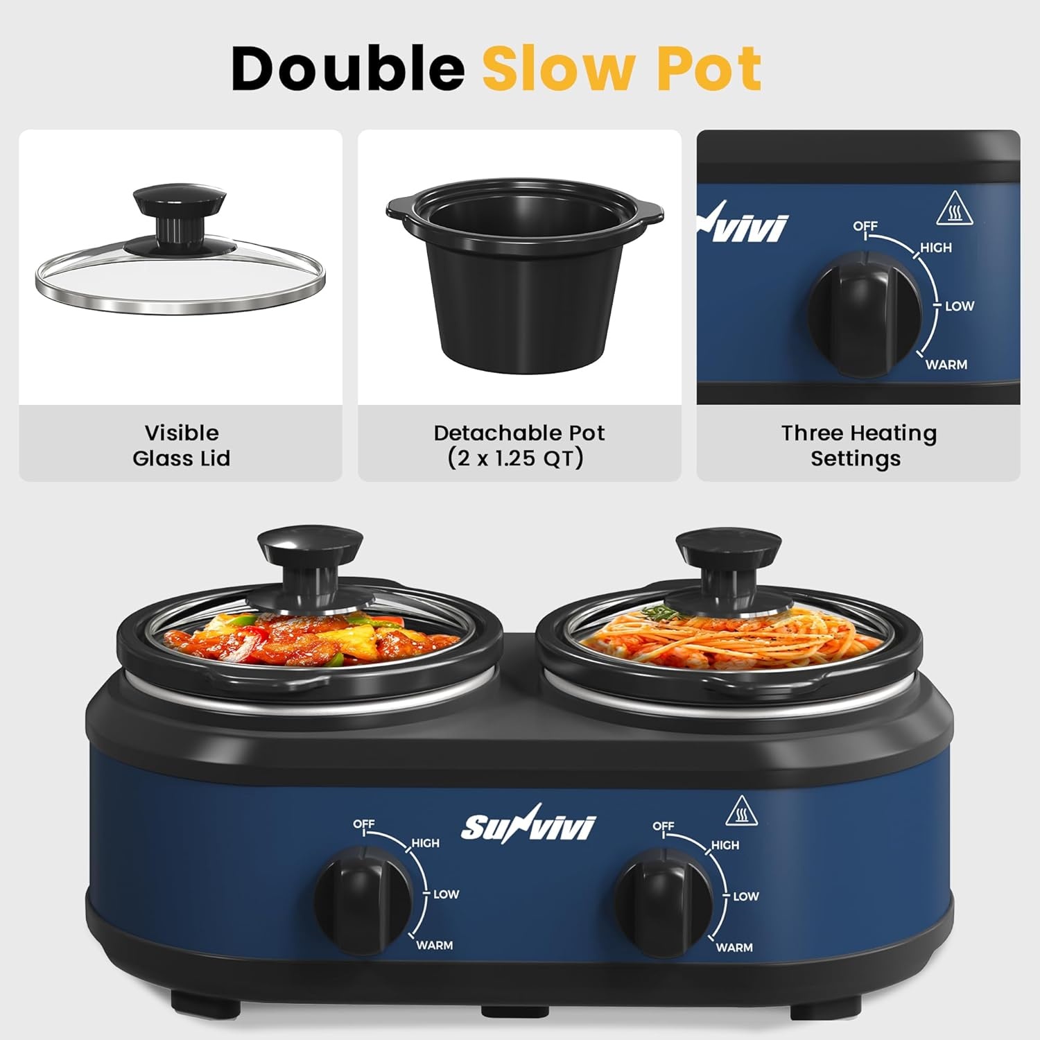 image:imageSunvivi Double Slow Cooker2 Pot Small Mini Crock Buffet Servers and WarmerDual Pot Oval Manual Slow Cooker with Adjustable Temp Removable Ceramic PotStainless Steel Total 2 125 Quarts Blackblue