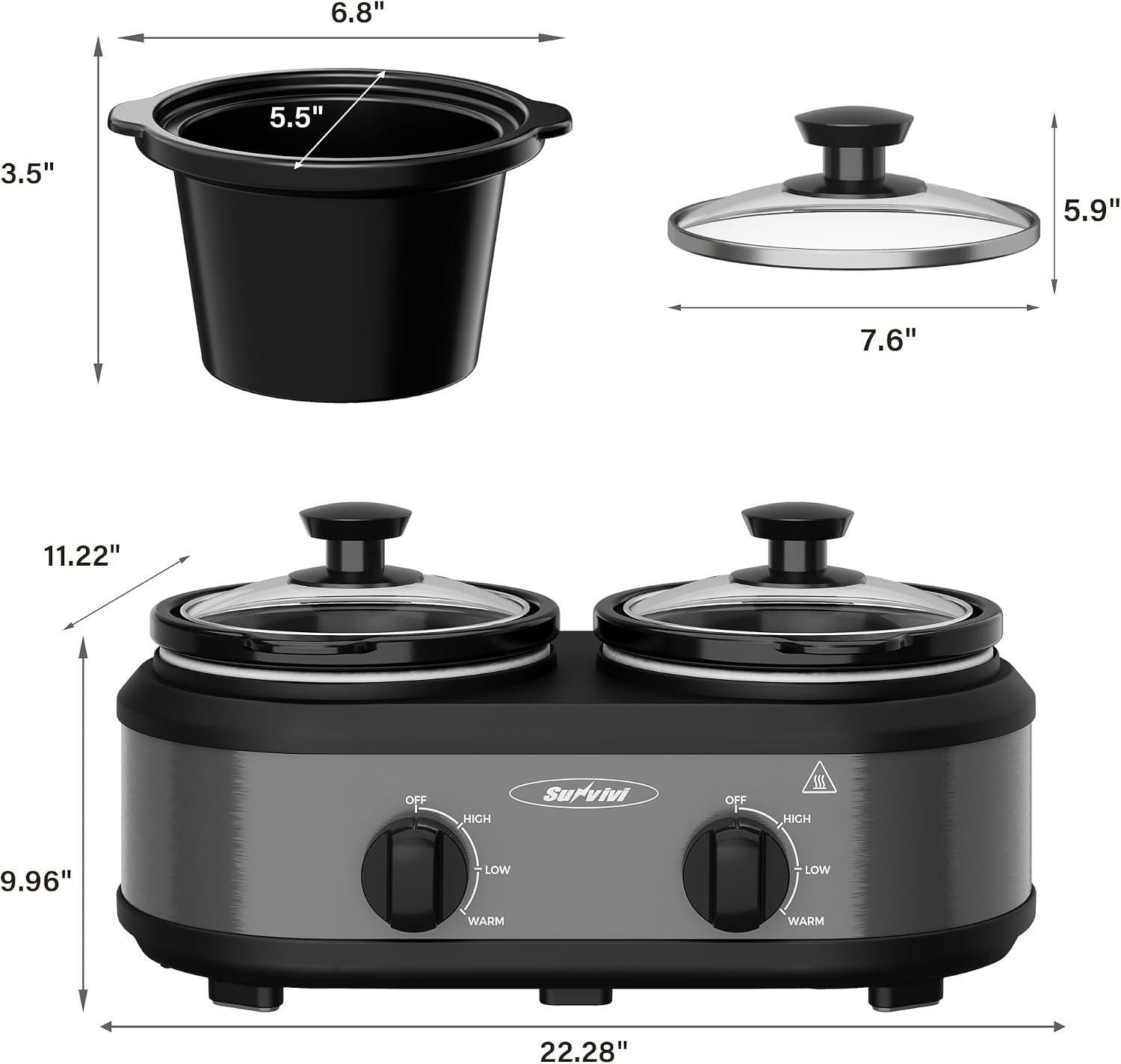 image:imageSunvivi Double Slow Cooker2 Pot Small Mini Crock Buffet Servers and WarmerDual Pot Oval Manual Slow Cooker with Adjustable Temp Removable Ceramic PotStainless Steel Total 2 125 Quarts BlackGray